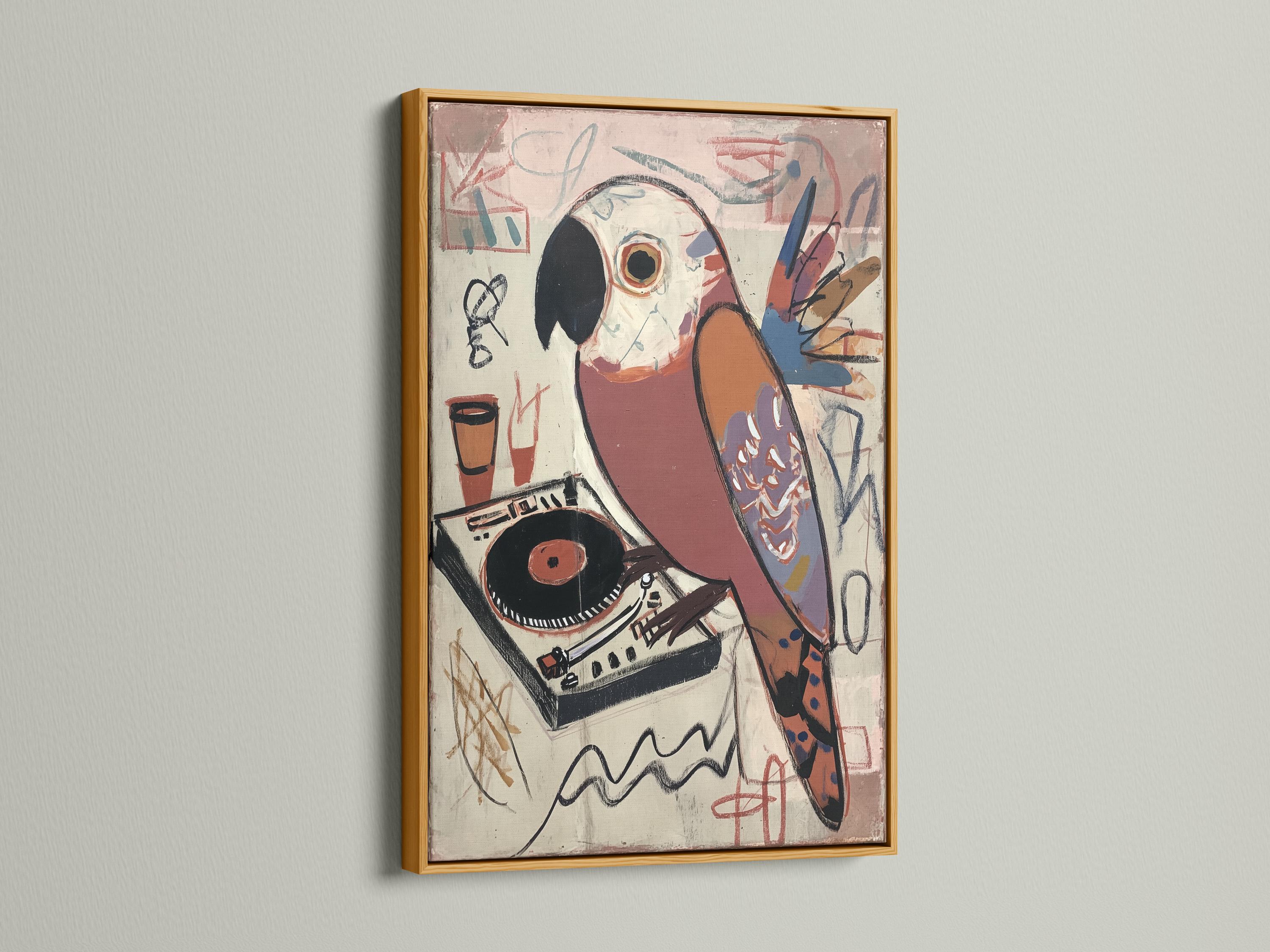Stylised parrot above a vinyl record and turntable with graffiti-like music doodles detail view