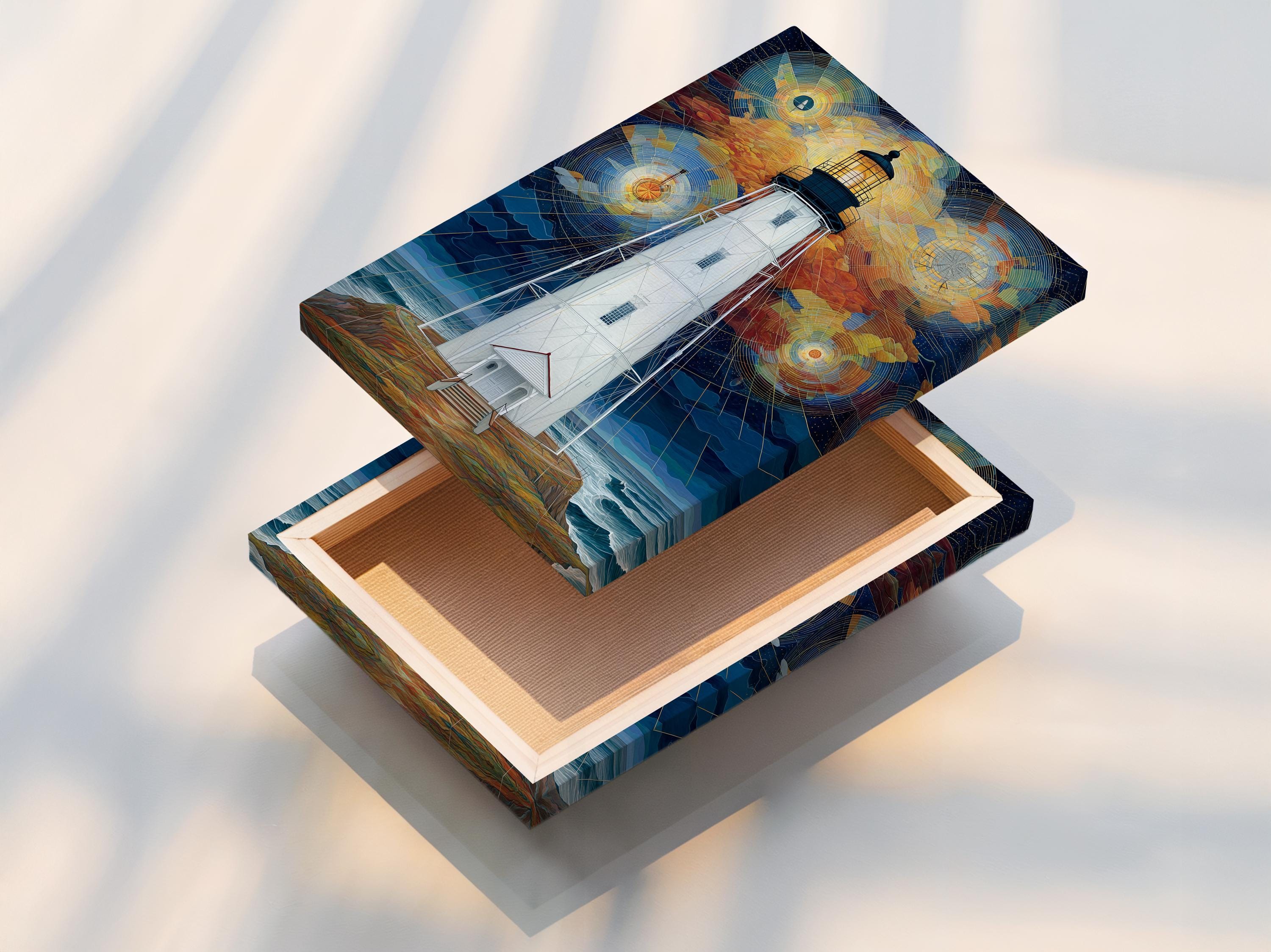Geometric lighthouse painting with starry night sky and swirling circular light patterns detail view