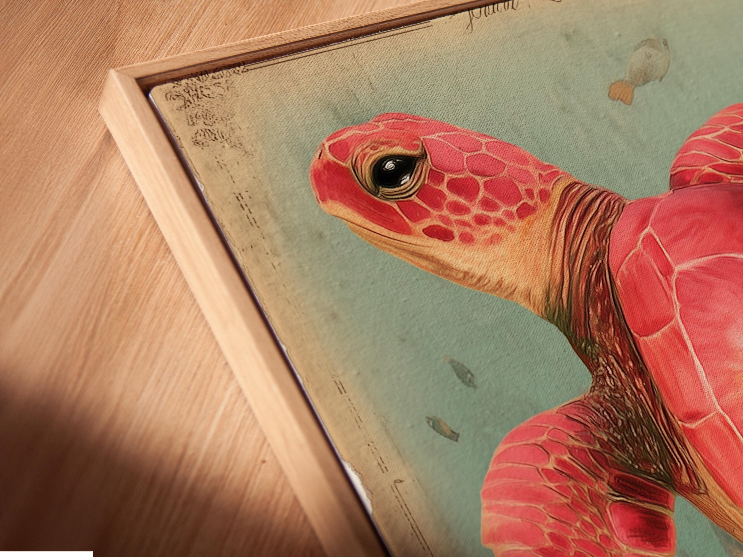 Red sea turtle swimming in a vintage coral reef scene with orange fish and teal ocean water detail view