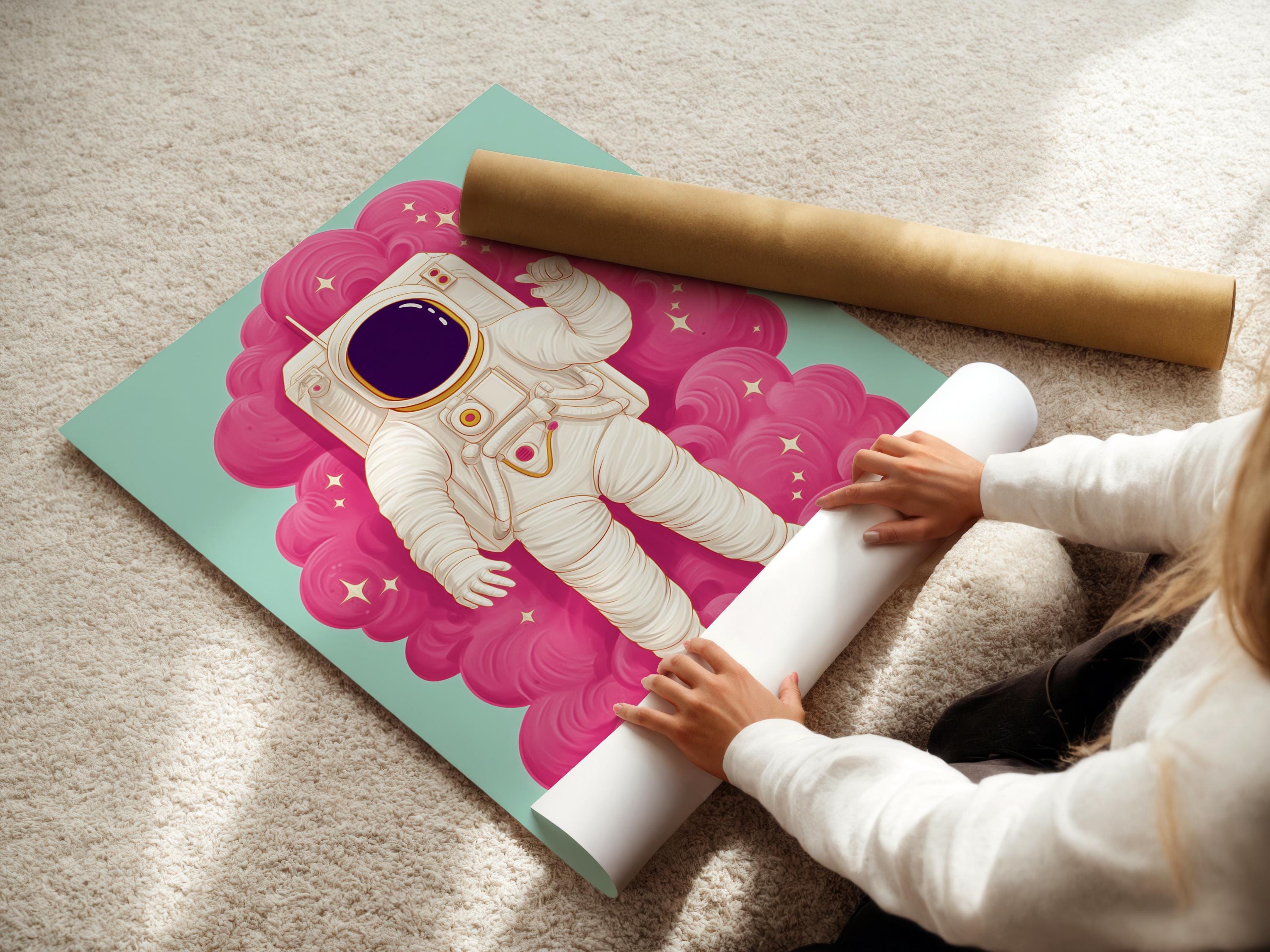 Cartoon astronaut standing on a skateboard with a hot pink cloud swirl background detail view
