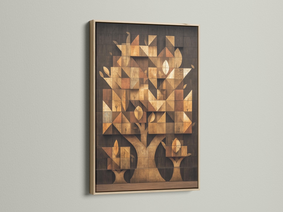 Geometric tree mosaic artwork with interlocking blocks in beige, tan, charcoal and gold tones detail view