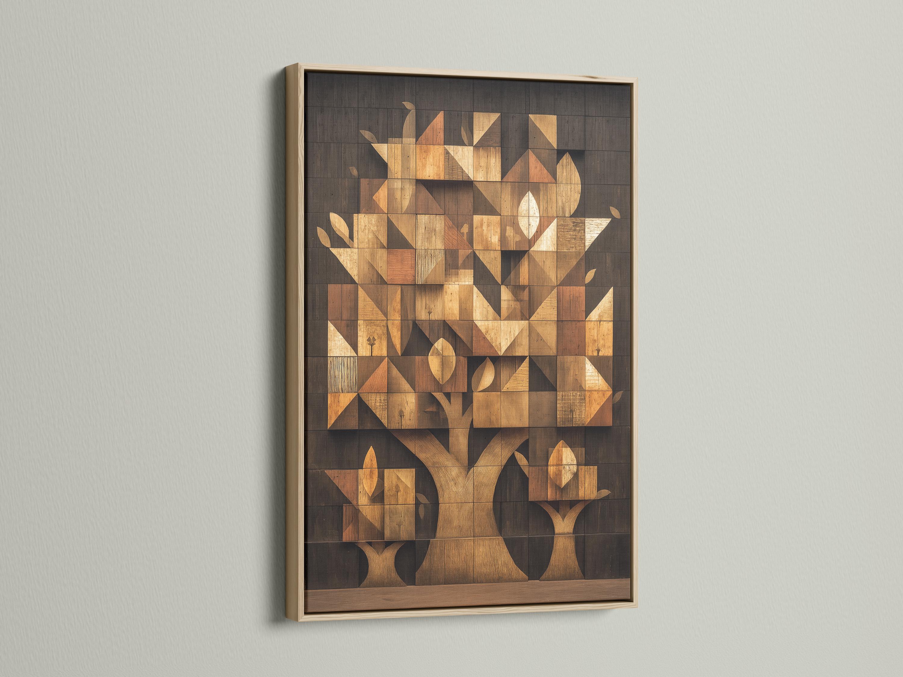 Geometric tree mosaic artwork with interlocking blocks in beige, tan, charcoal and gold tones detail view