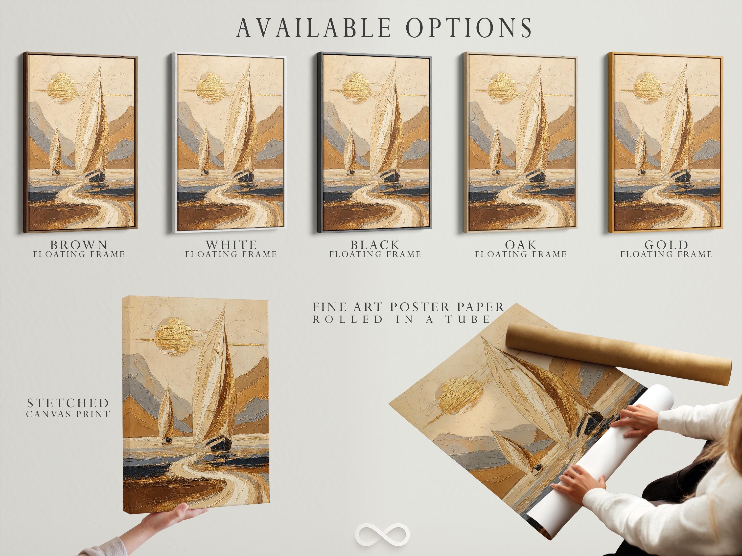 A gold-toned sailboat with billowing sails sits on rippling blue-grey water, set against warm beige and sandy shapes with a bright sun-like glow