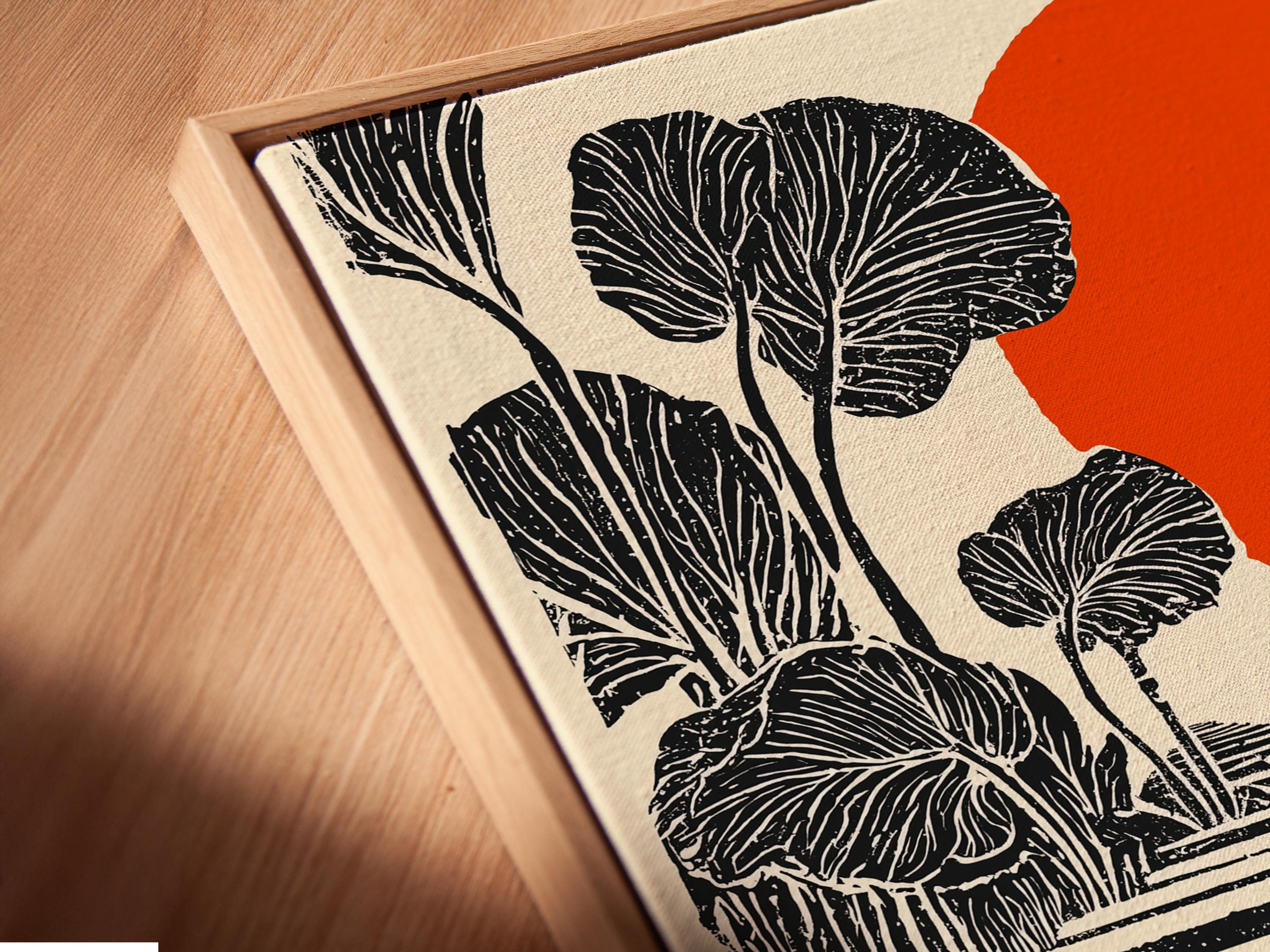 Orange sun with black botanical tree and diagonal stepped blocks artwork detail view