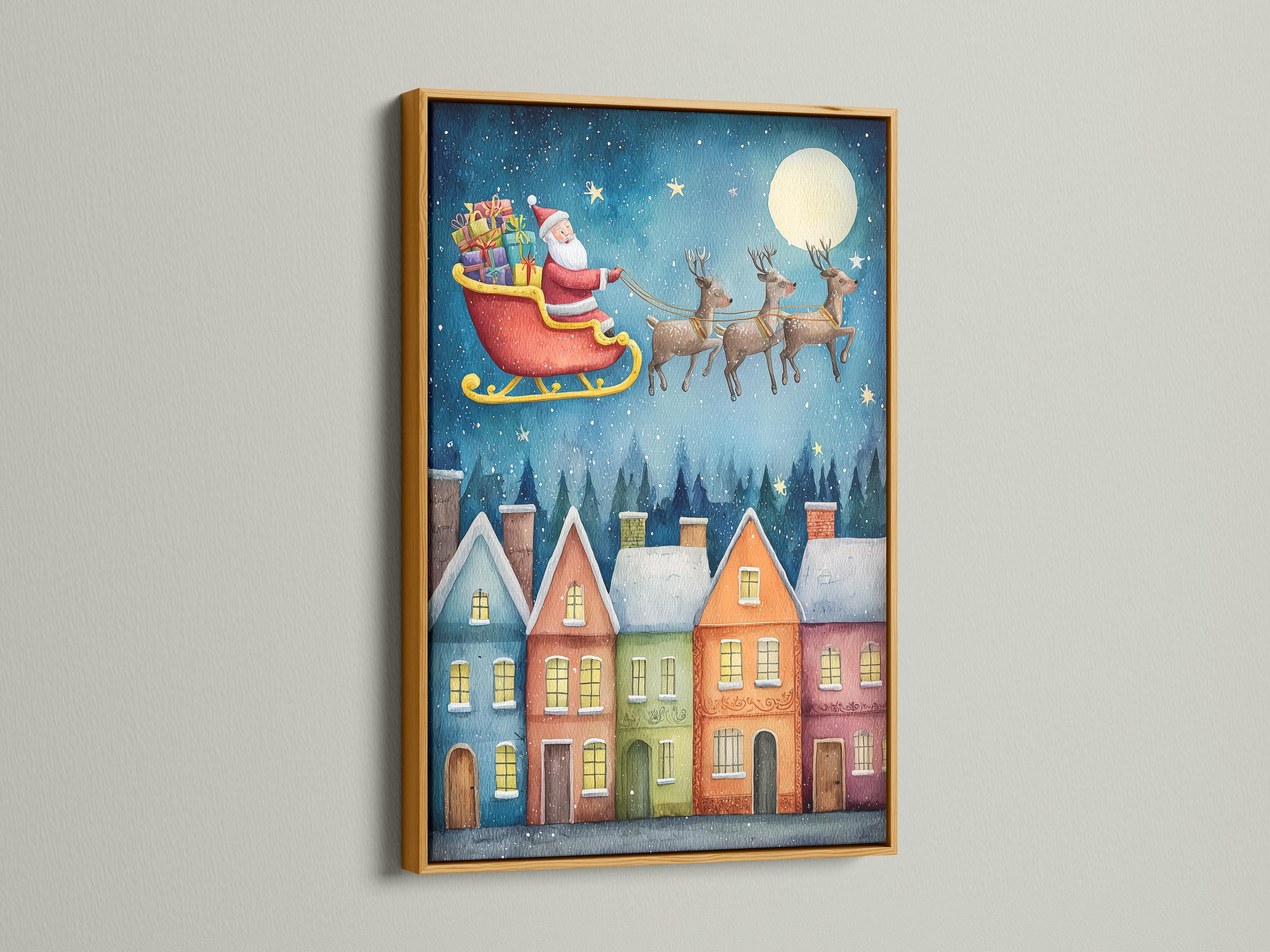 Illustrated Christmas night scene of Santa flying a sleigh with reindeer over a snowy town with glowing windows detail view