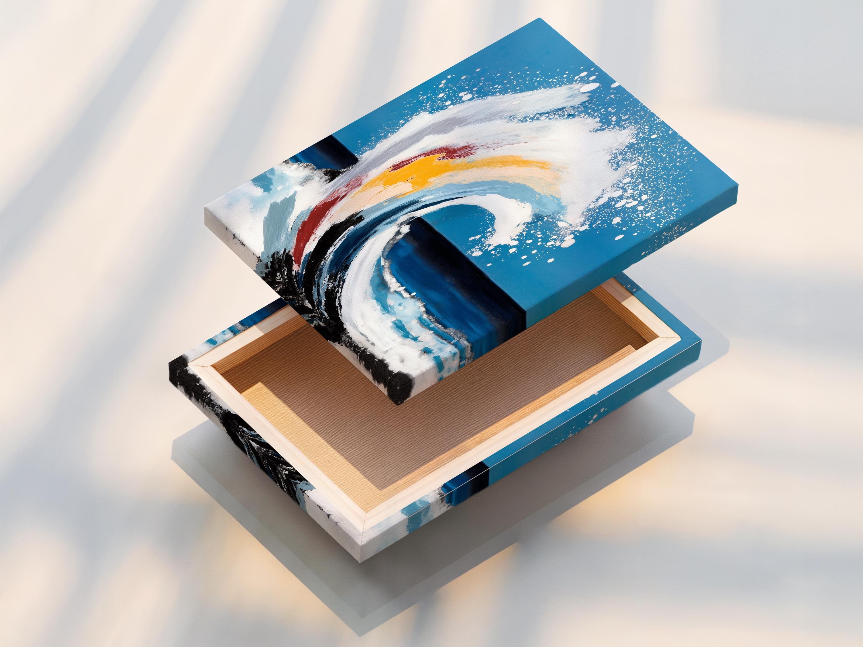 Abstract ocean wave painting with foamy white crest on teal blue background detail view