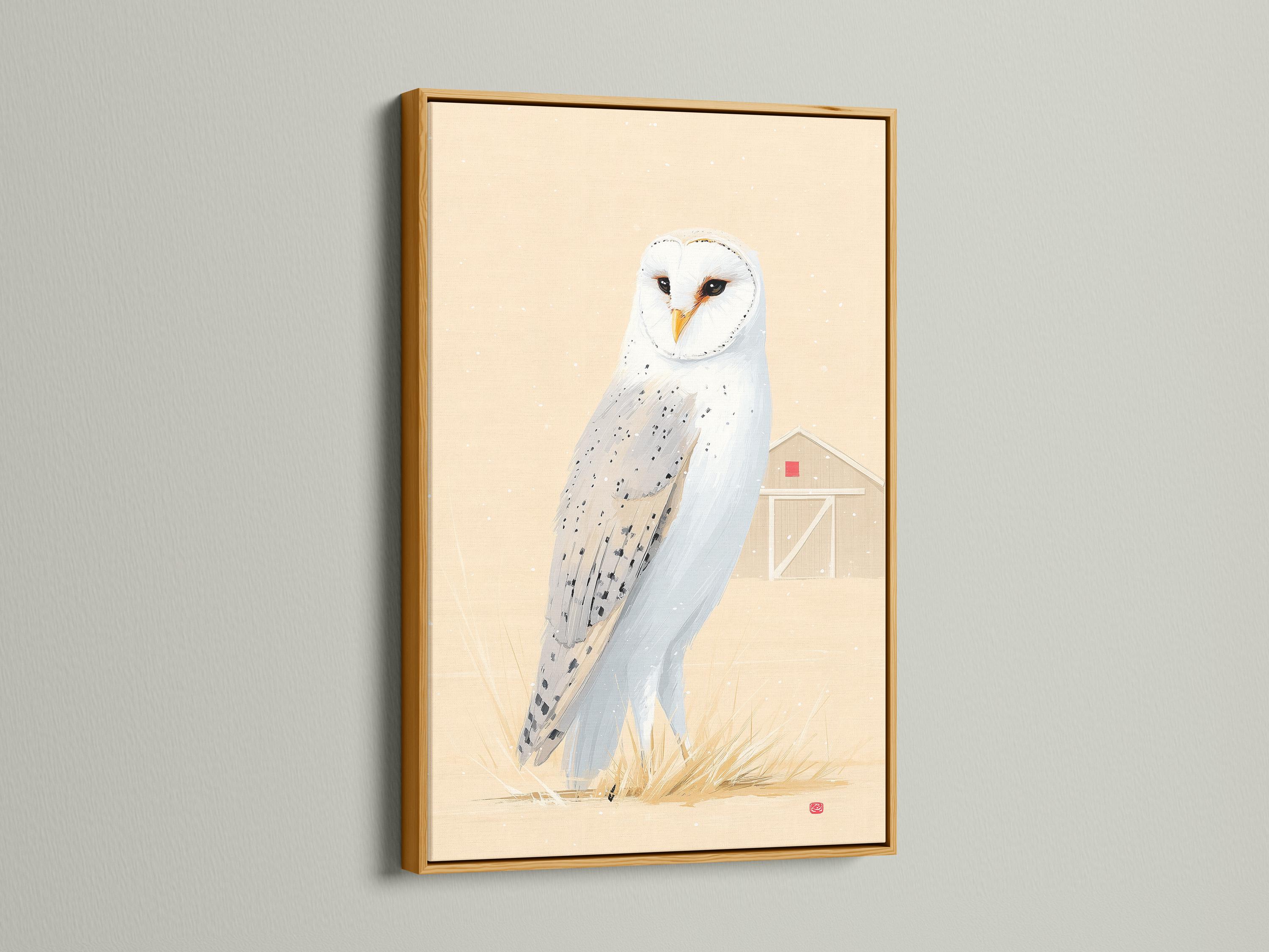 Painterly barn owl with white feathers and an orange beak on pale grass against warm beige background with snow-like specks detail view