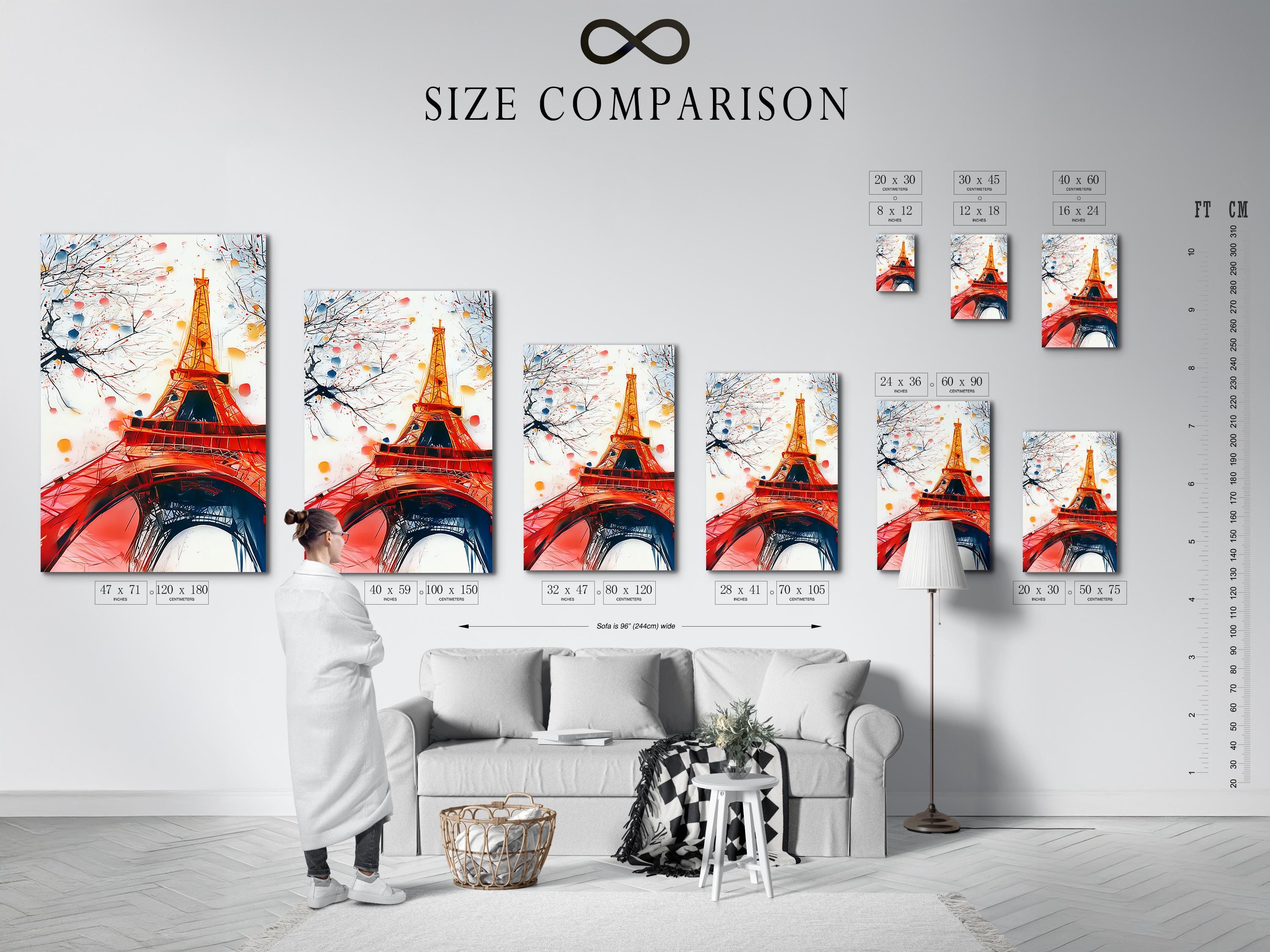 Eiffel Tower cityscape in red and gold with branches and blossom-like dots detail view