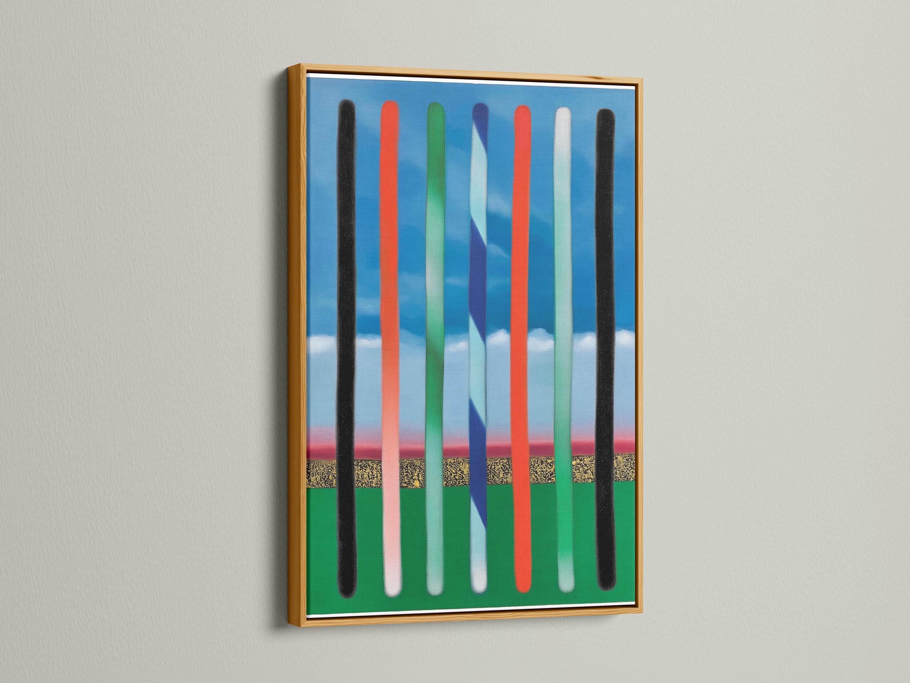 Abstract vertical stripes artwork with blue sky bands and black, red, green, and off-white bars detail view