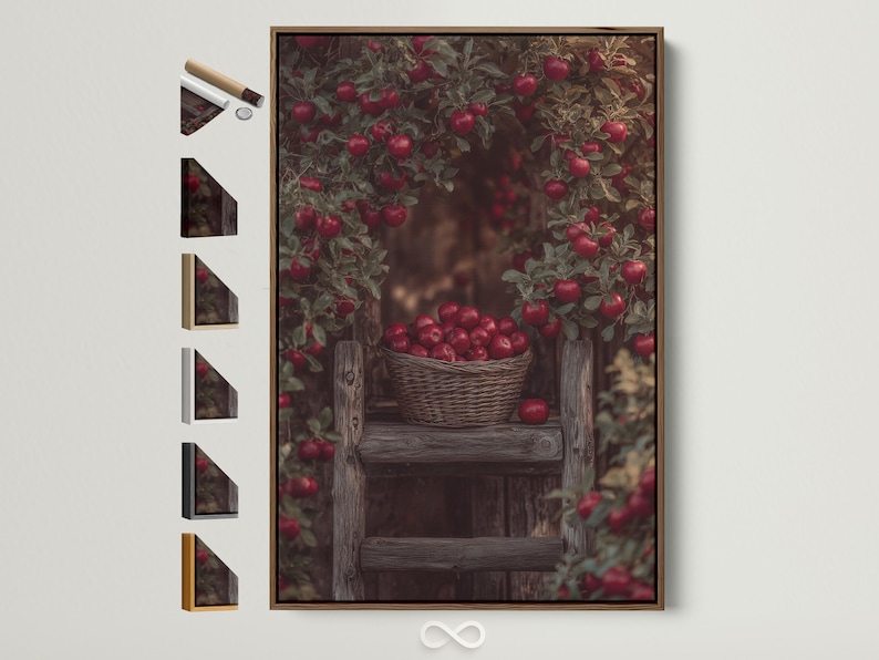 Portrait artwork showing a wicker basket of red apples with leafy branches and a rustic orchard background