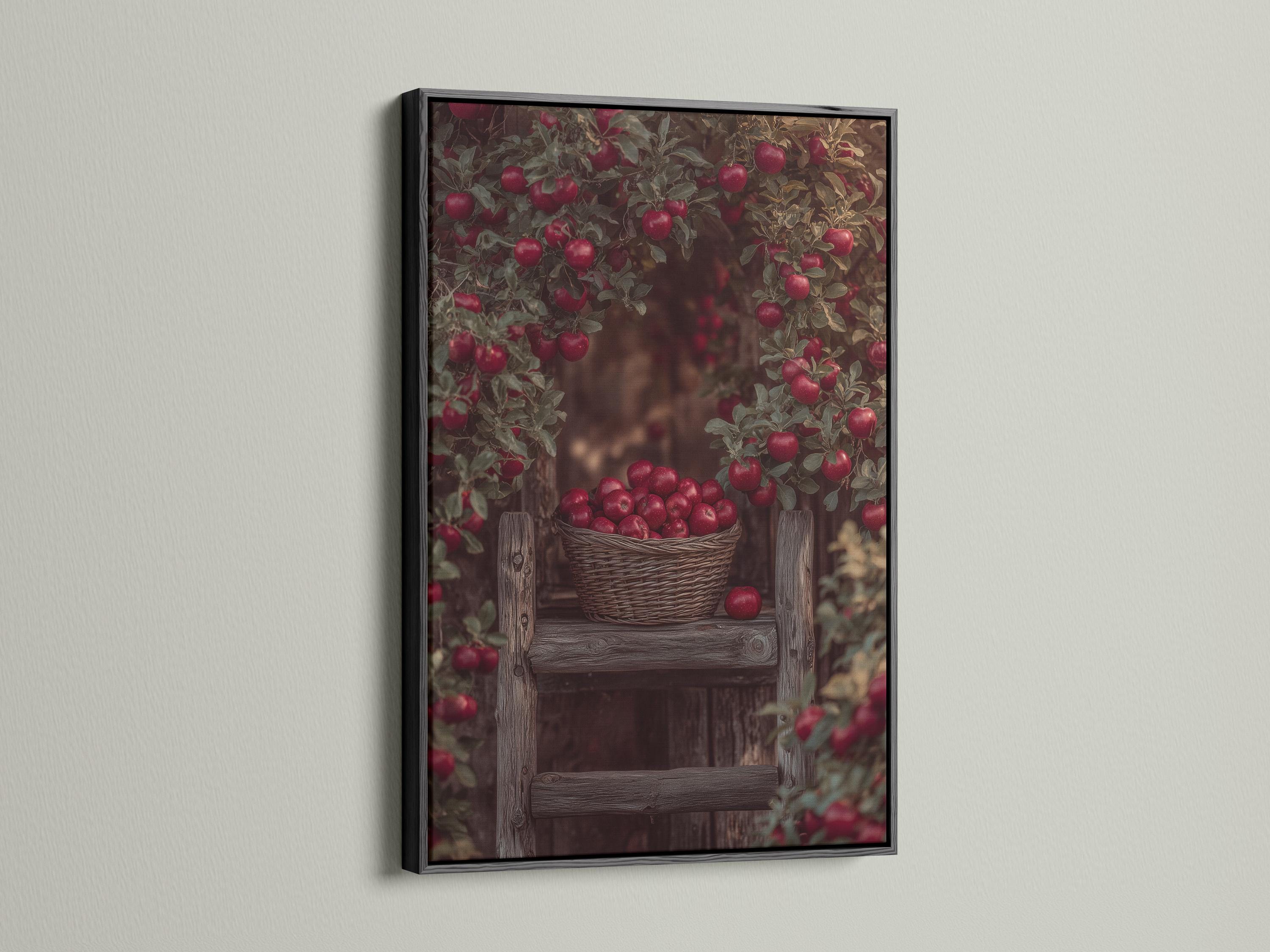 Portrait artwork showing a wicker basket of red apples with leafy branches and a rustic orchard background detail view