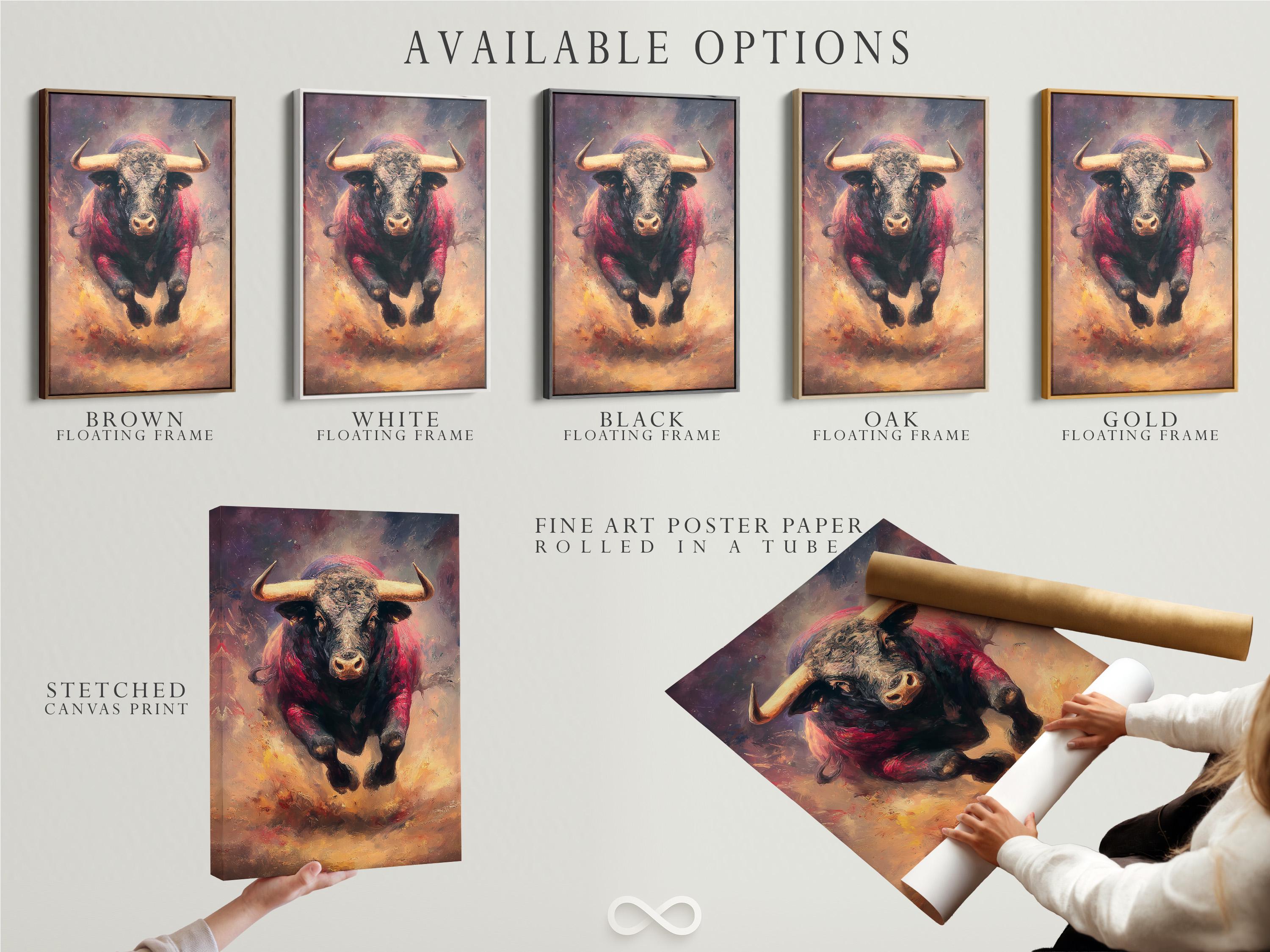 Charging bull portrait wall artwork in red and beige with curved horns detail view