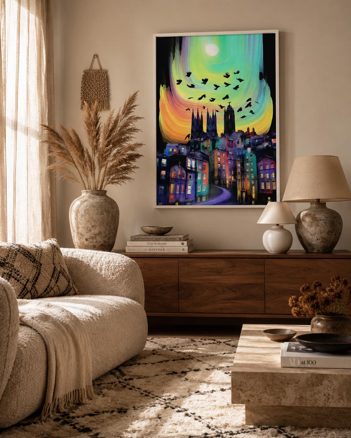 A colourful cityscape with gothic buildings sits beneath a bright stylised moon, while dark birds fly across a swirling sky detail view
