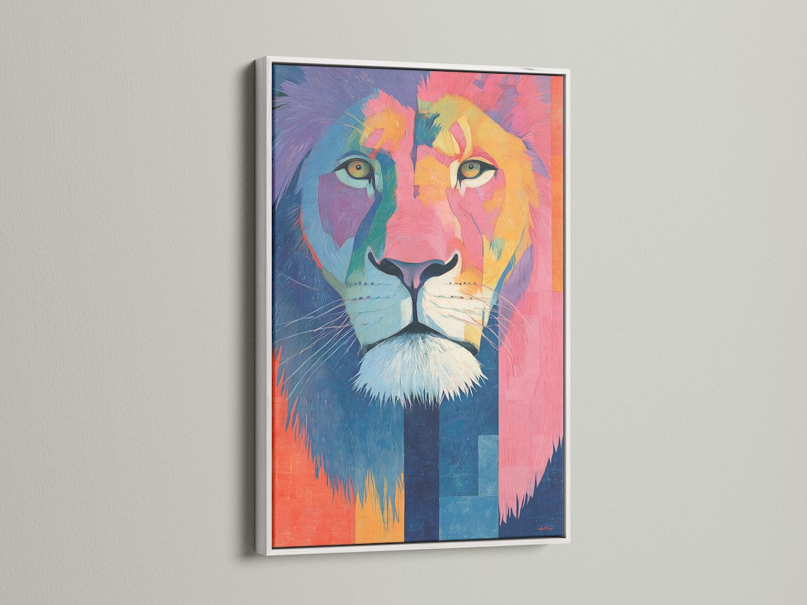 Lion wall art mockup with framed lion portrait in hot pink, blue and teal tones