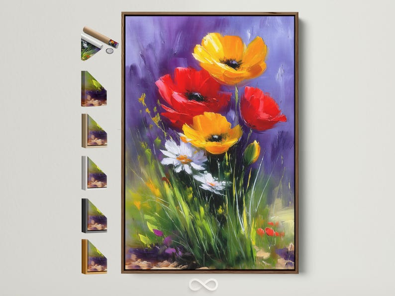 A painterly floral scene shows bold red and yellow poppy-like flowers rising from green stems against a purple background
