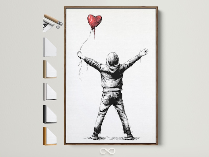Black-and-white sketch of a boy holding a red heart-shaped balloon overhead