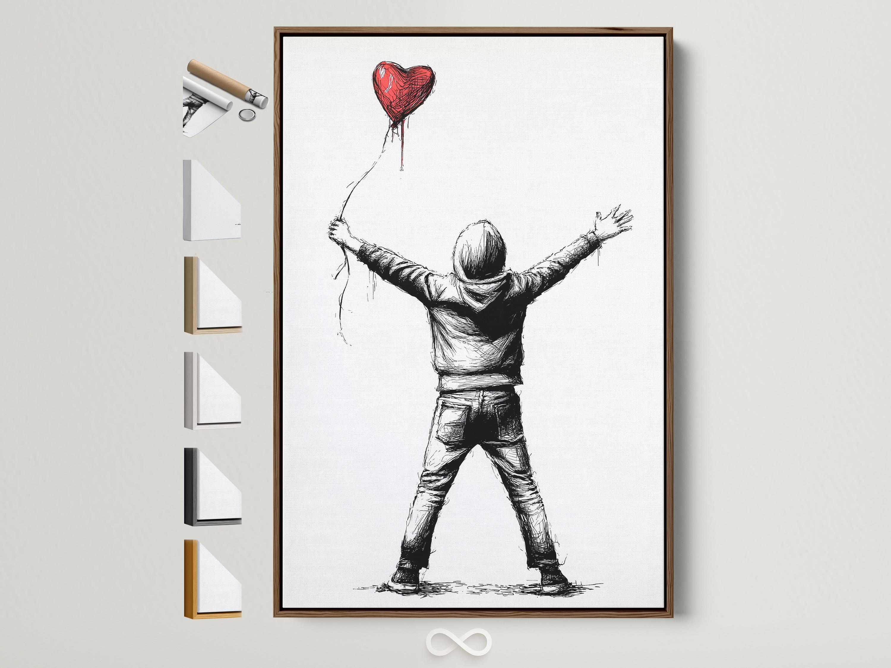 Black-and-white sketch of a boy holding a red heart-shaped balloon overhead