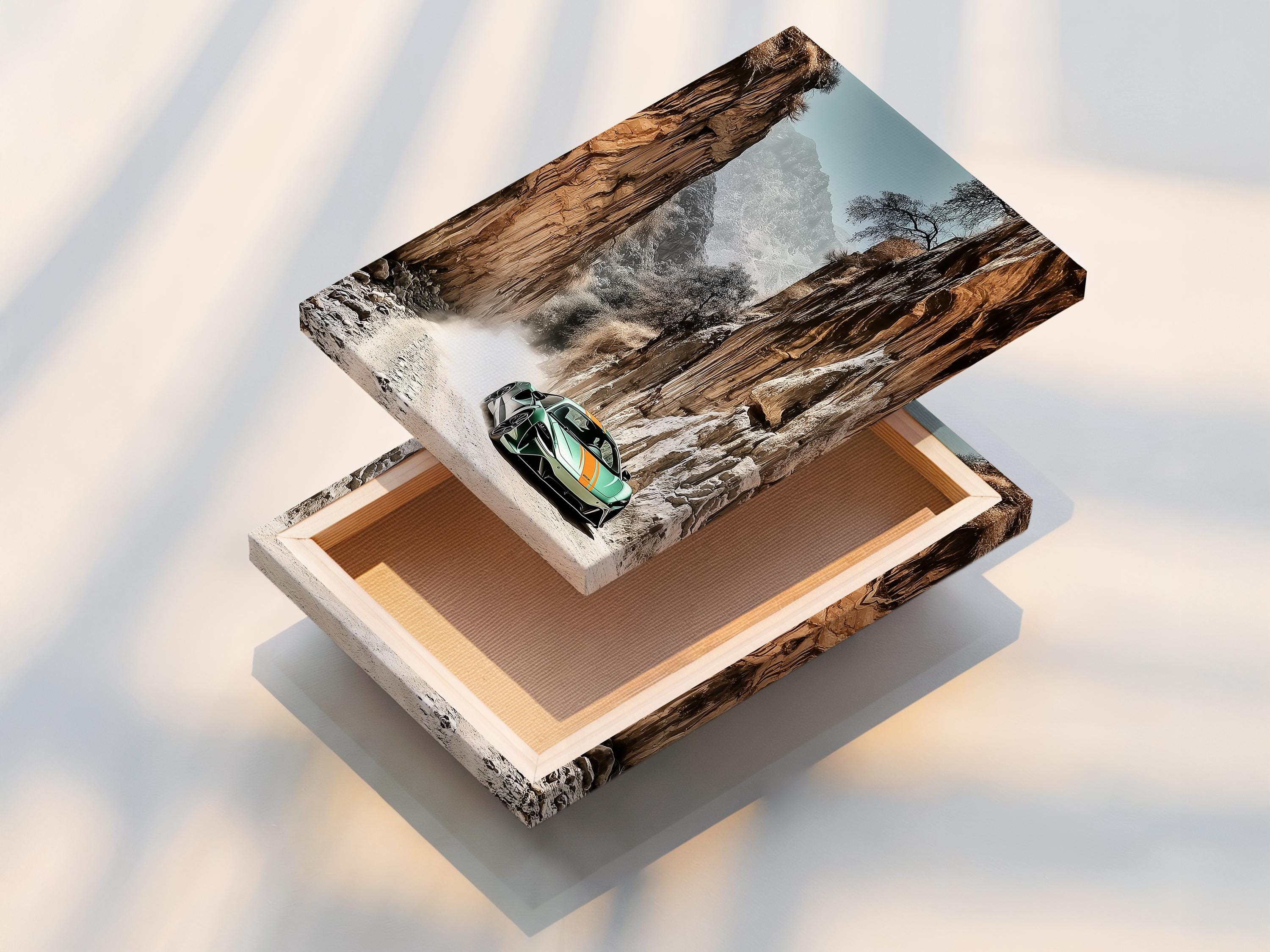 Green sports car on a sandy path in a rocky desert canyon with misty mountains detail view