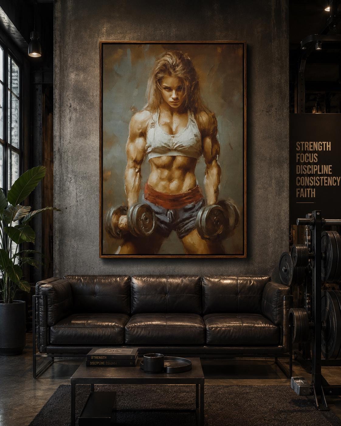 Gym or wellness room mockup showing a wall artwork of a muscular woman lifting dumbbells