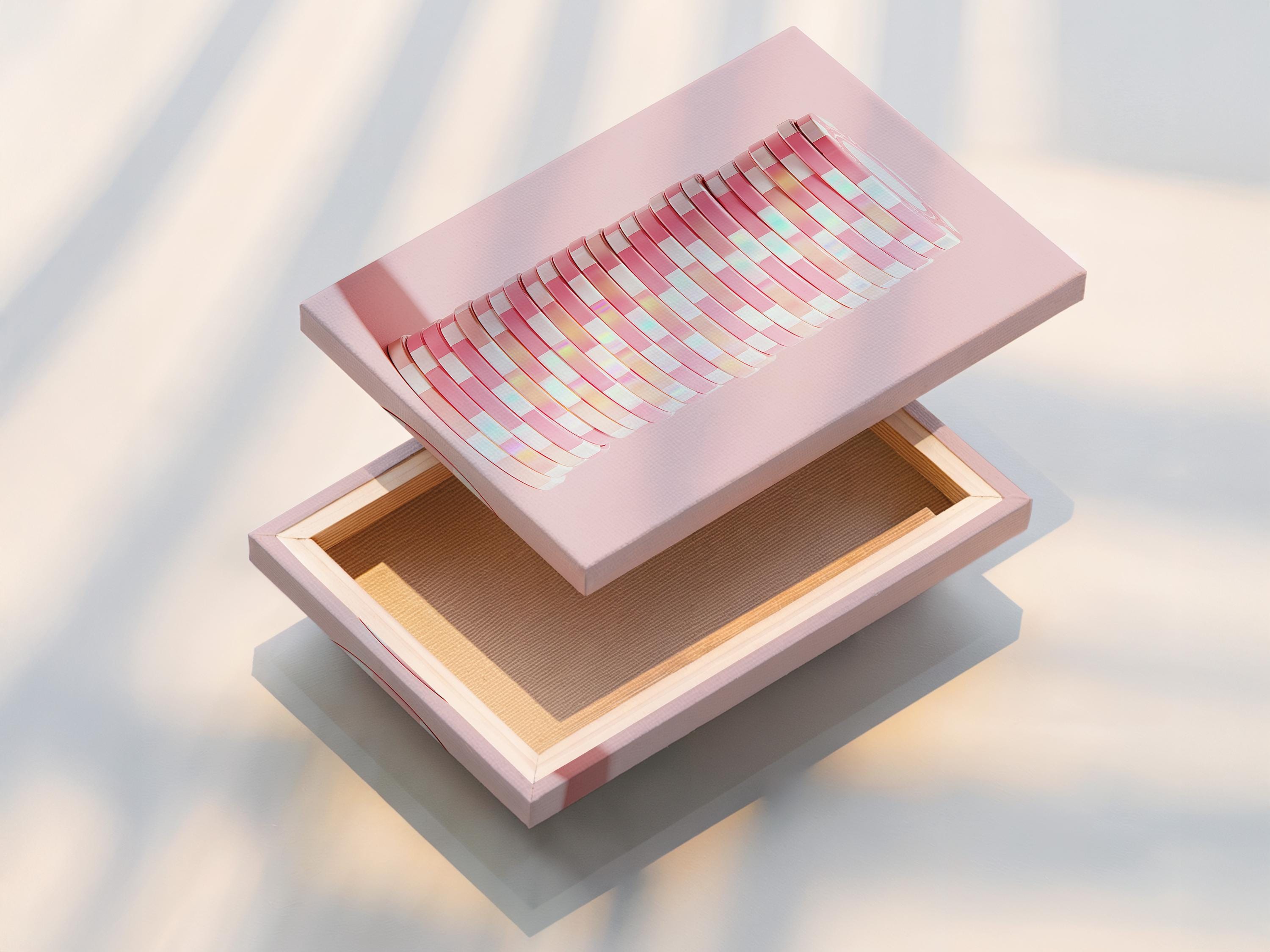 Pastel pink abstract artwork showing stacked disc shapes with subtle iridescent highlights detail view