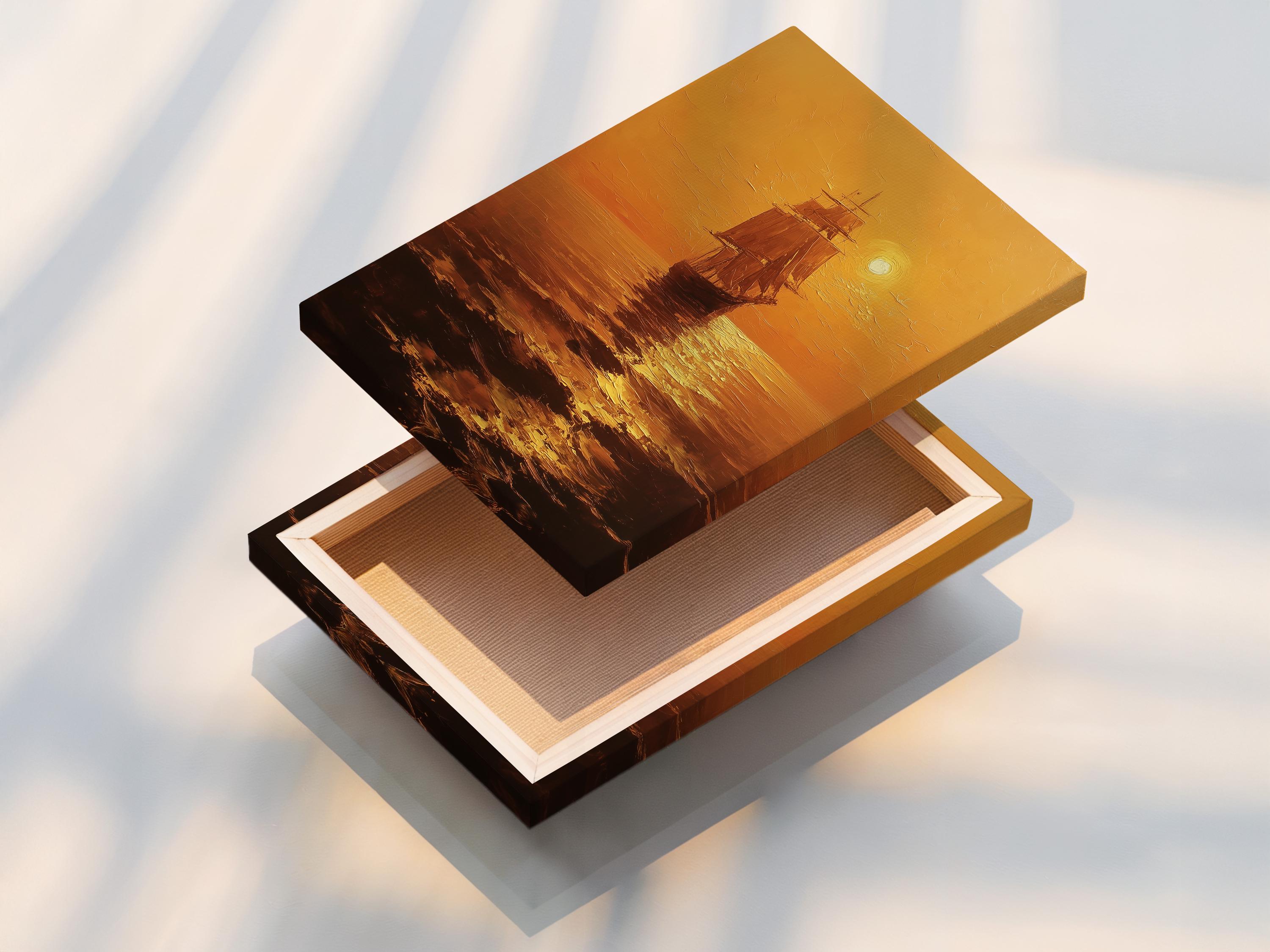 Room mockup showing a warm golden seascape with a sailing ship and glowing sun