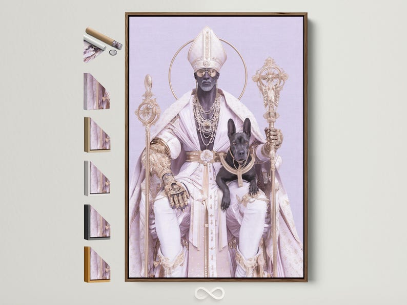 Regal robed figure with halo ring and black dog on a lavender background with gold ornaments