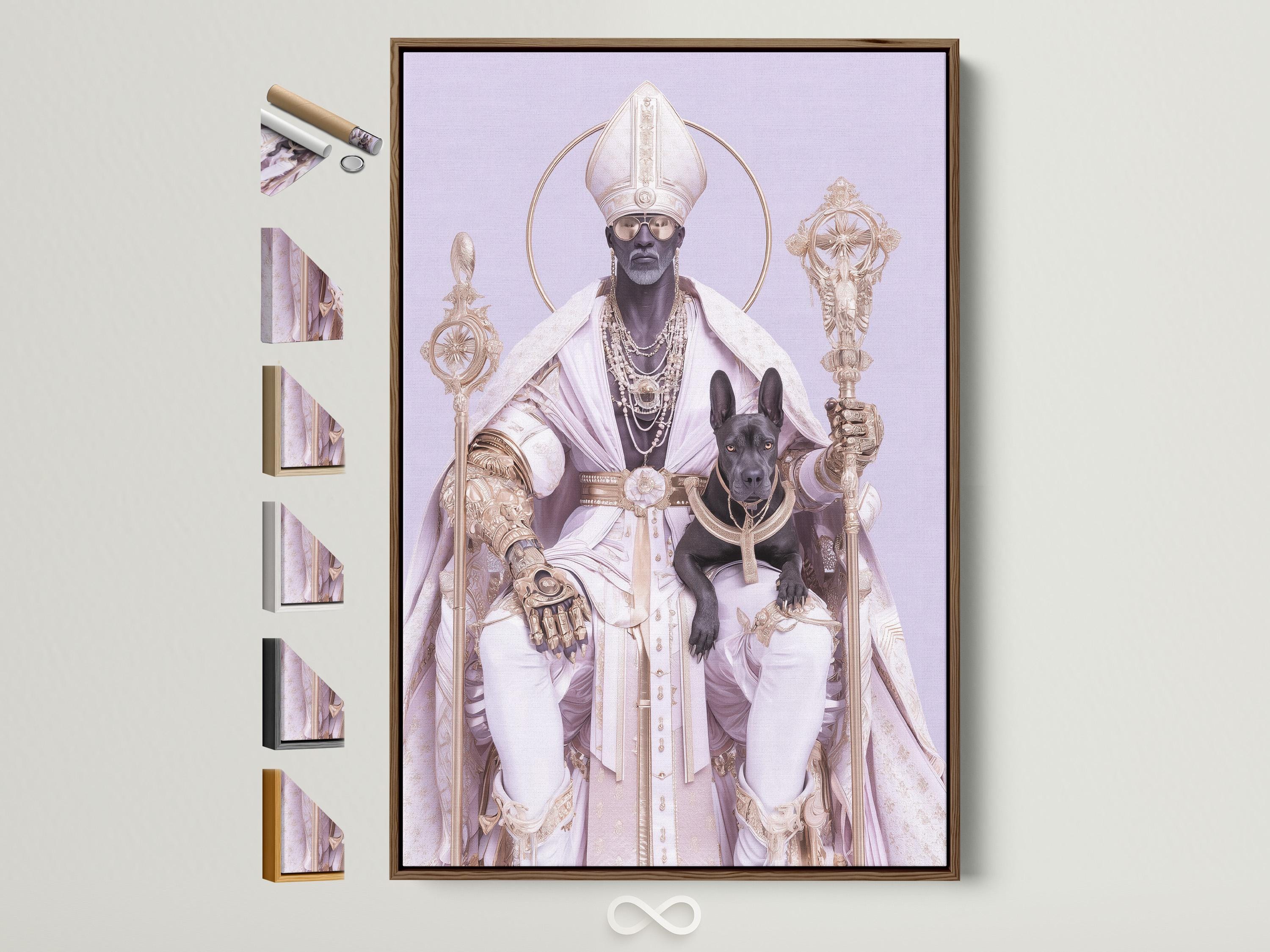 Regal robed figure with halo ring and black dog on a lavender background with gold ornaments