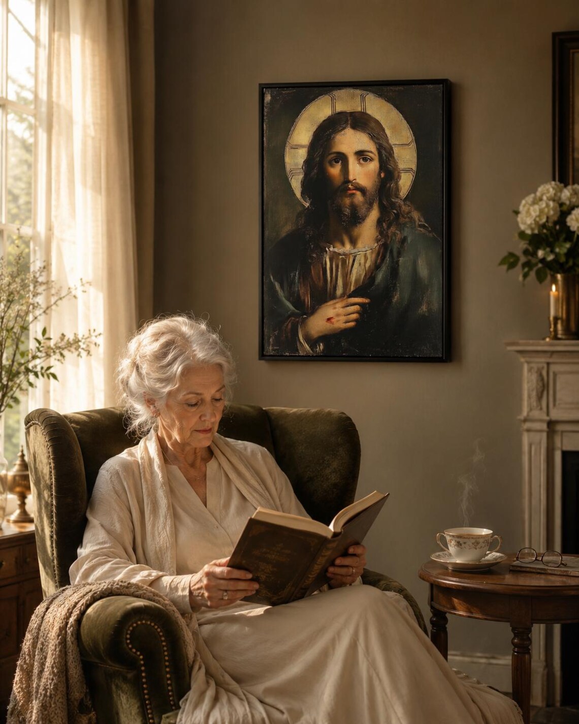 Jesus portrait with long dark hair and a glowing gold halo detail view