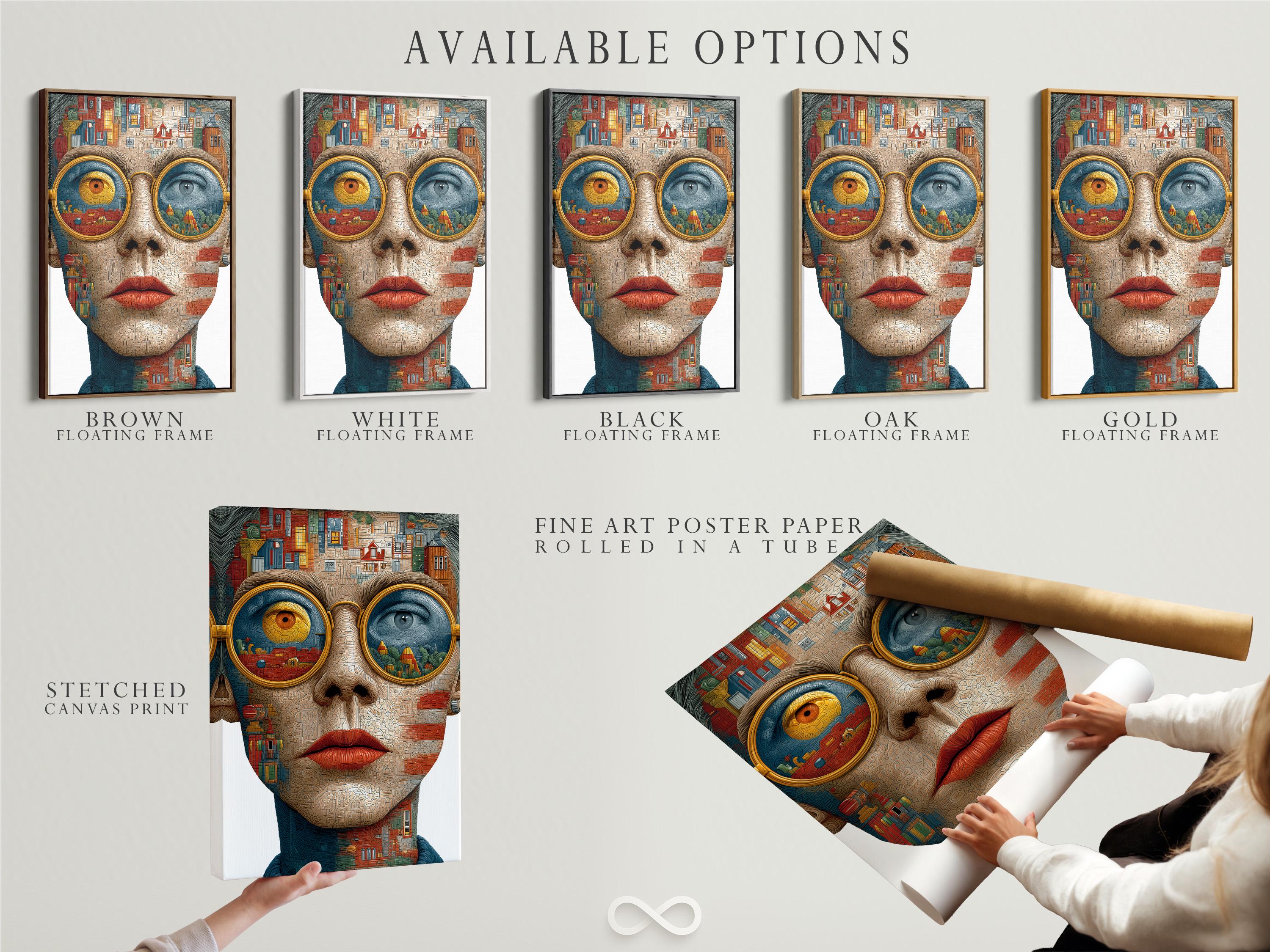 Surreal woman face artwork made from cityscape building details and oversized gold and blue eyes detail view