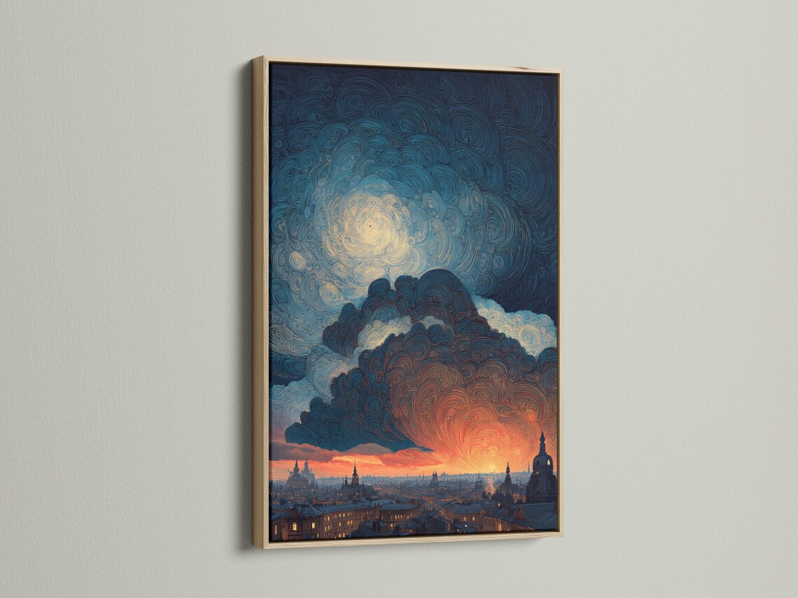 Room mockup showing framed artwork with a swirling night sky cityscape and orange sunset glow