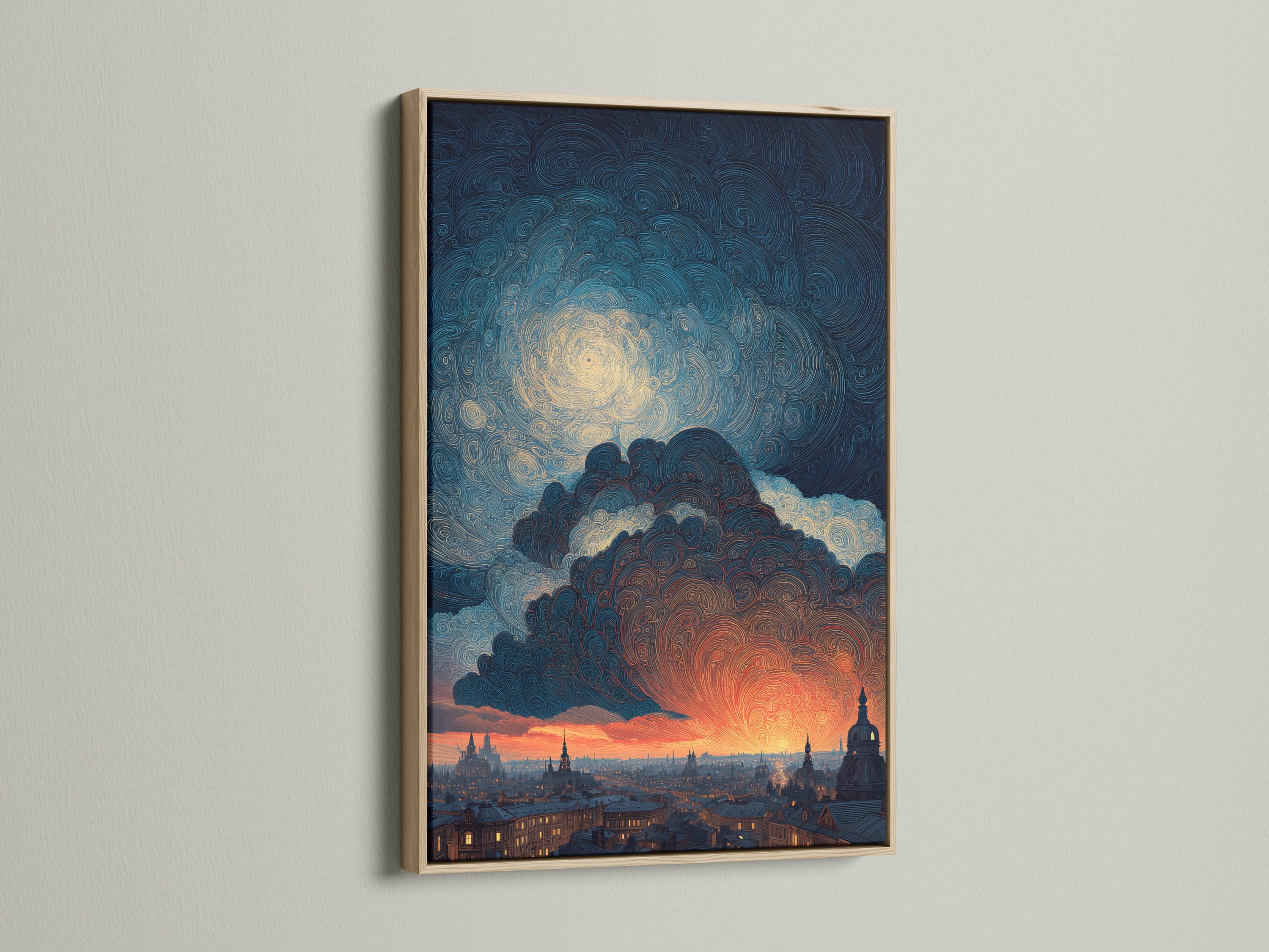 Room mockup showing framed artwork with a swirling night sky cityscape and orange sunset glow