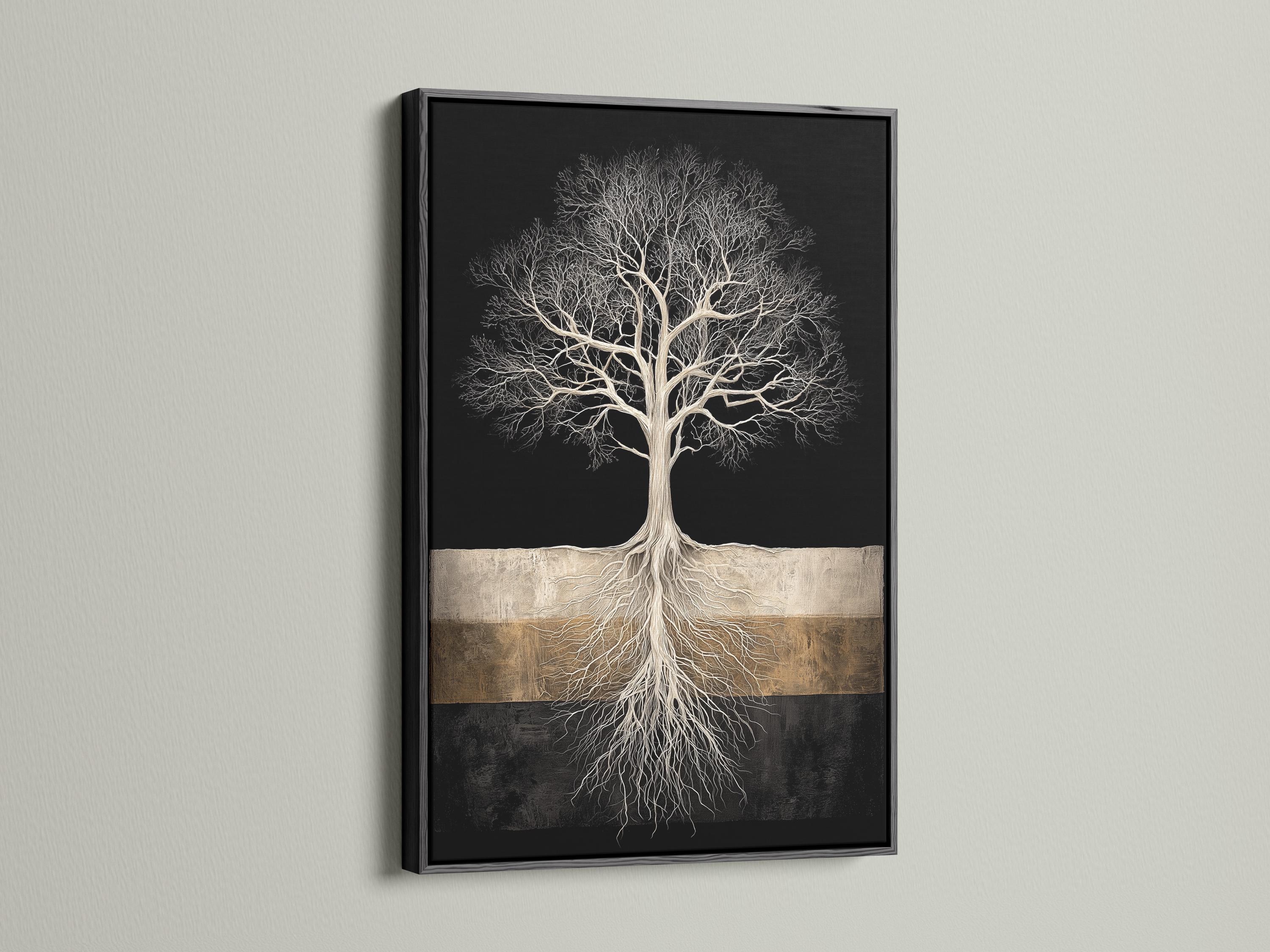 Framed tree roots artwork mockup on a light background