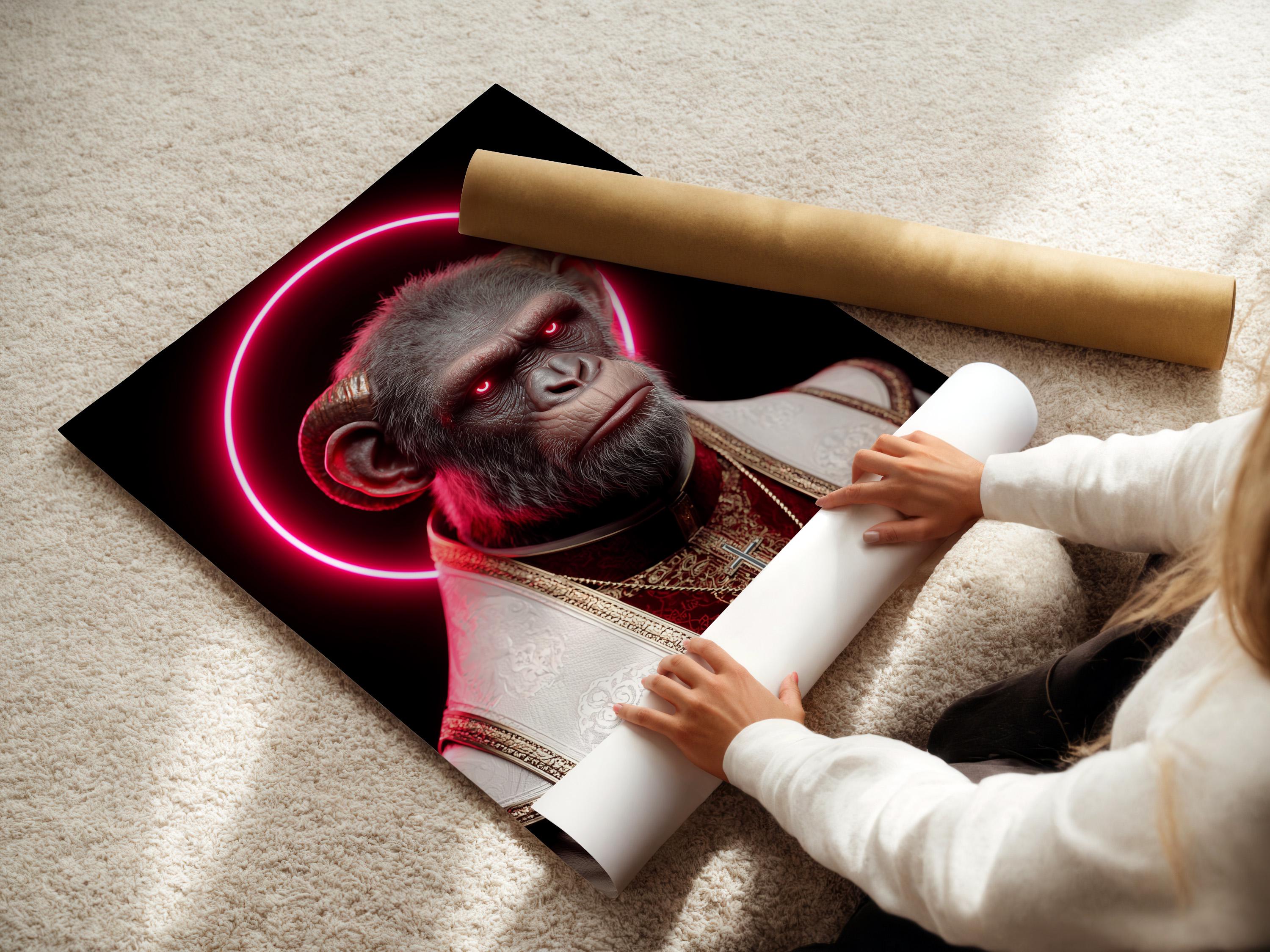 Surreal monkey portrait with a bright pink neon halo and red-and-gold robes detail view