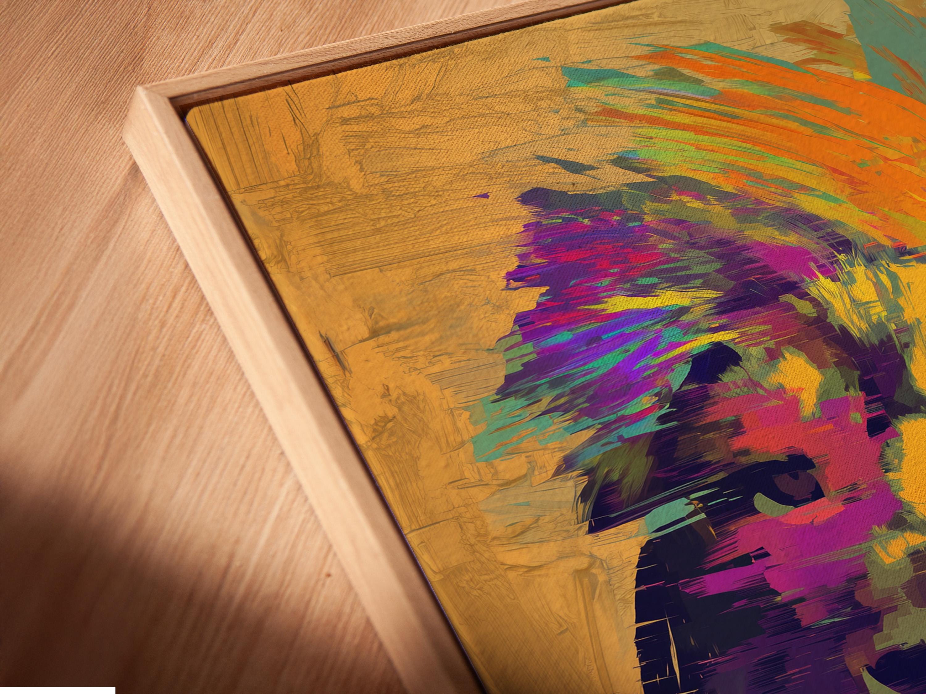 Stylised lion head artwork in warm beige with orange, purple and turquoise brush strokes detail view