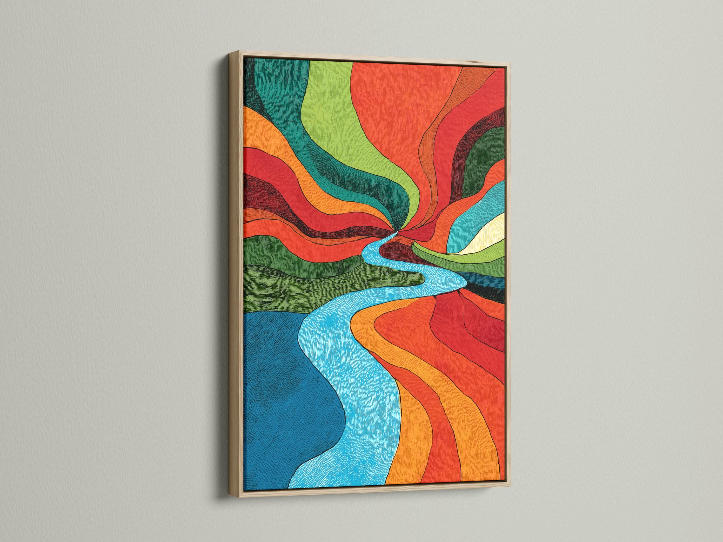 Retro abstract river artwork with bright blue water and vivid red, orange, green and teal bands detail view