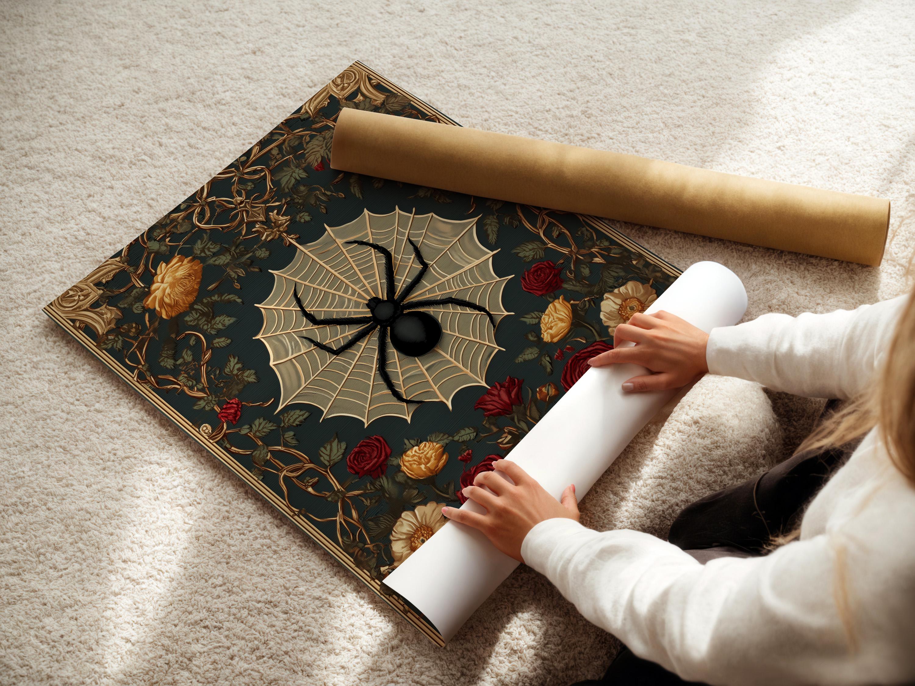 Gothic spider web and roses artwork shown in a mockup with hanging views