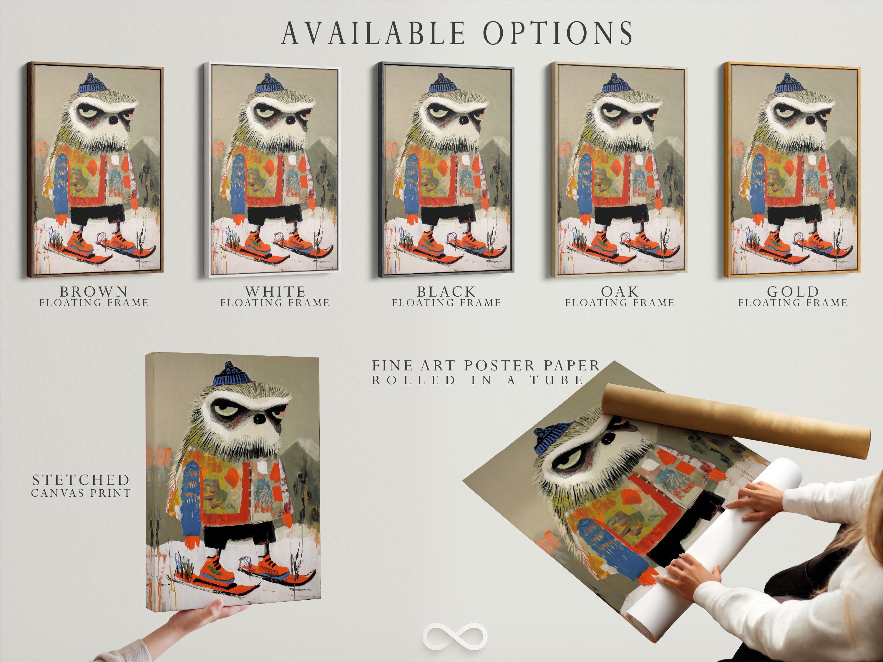 A stylised animal figure wearing a winter knit hat and skis is shown in a loose, painterly style with bright orange and blue accents detail view