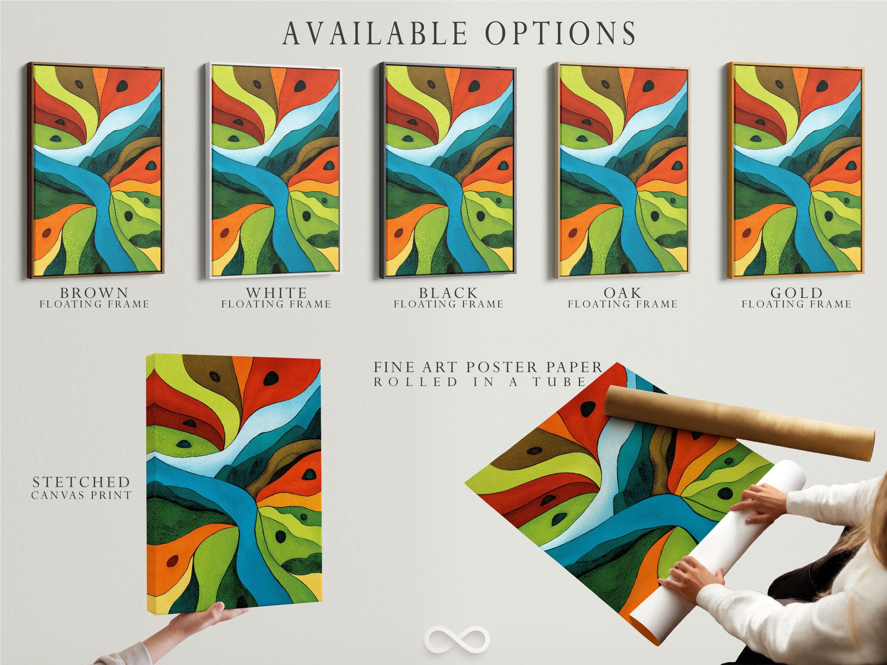 Abstract landscape artwork with sweeping green, orange and blue geometric curves detail view