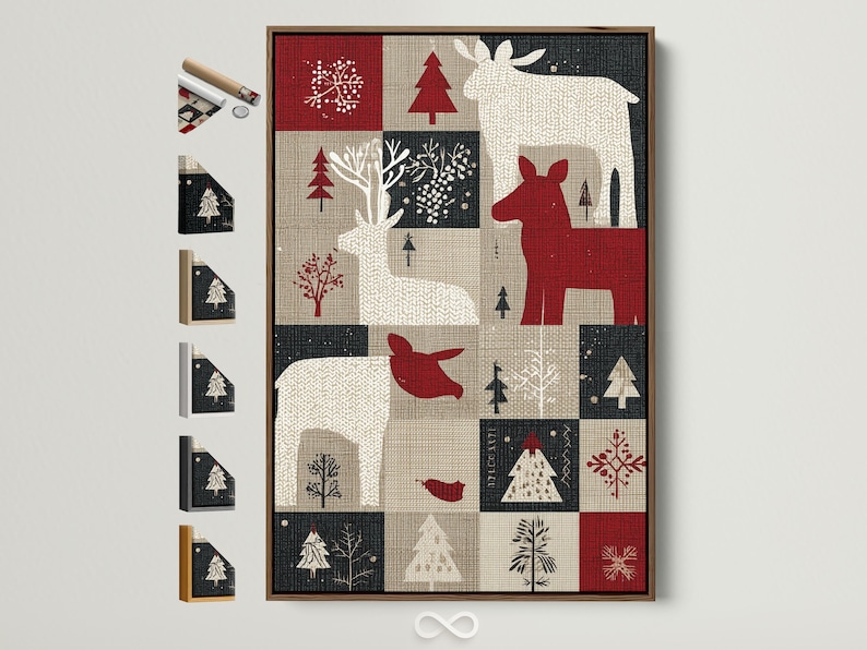 Deep red deer silhouette in a patchwork winter design with trees and snowflake motifs