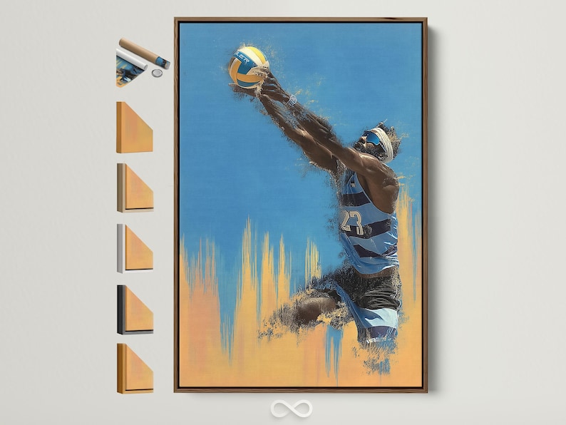 Volleyball player artwork in a dynamic pose with blue and sandy yellow paint splashes