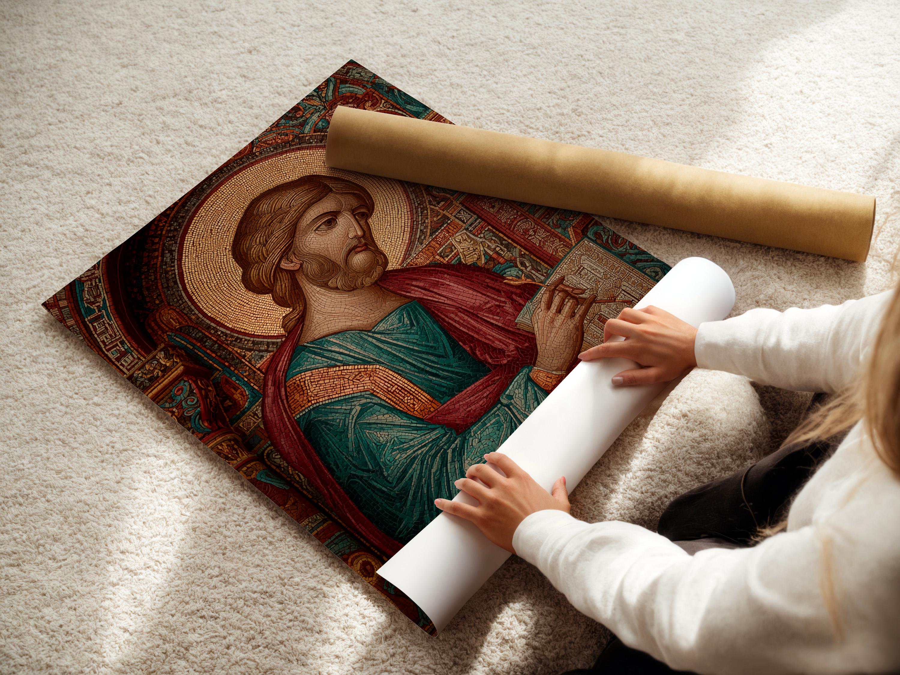 Mosaic-style saint portrait with gold halo, arched patterned background and red teal robes detail view