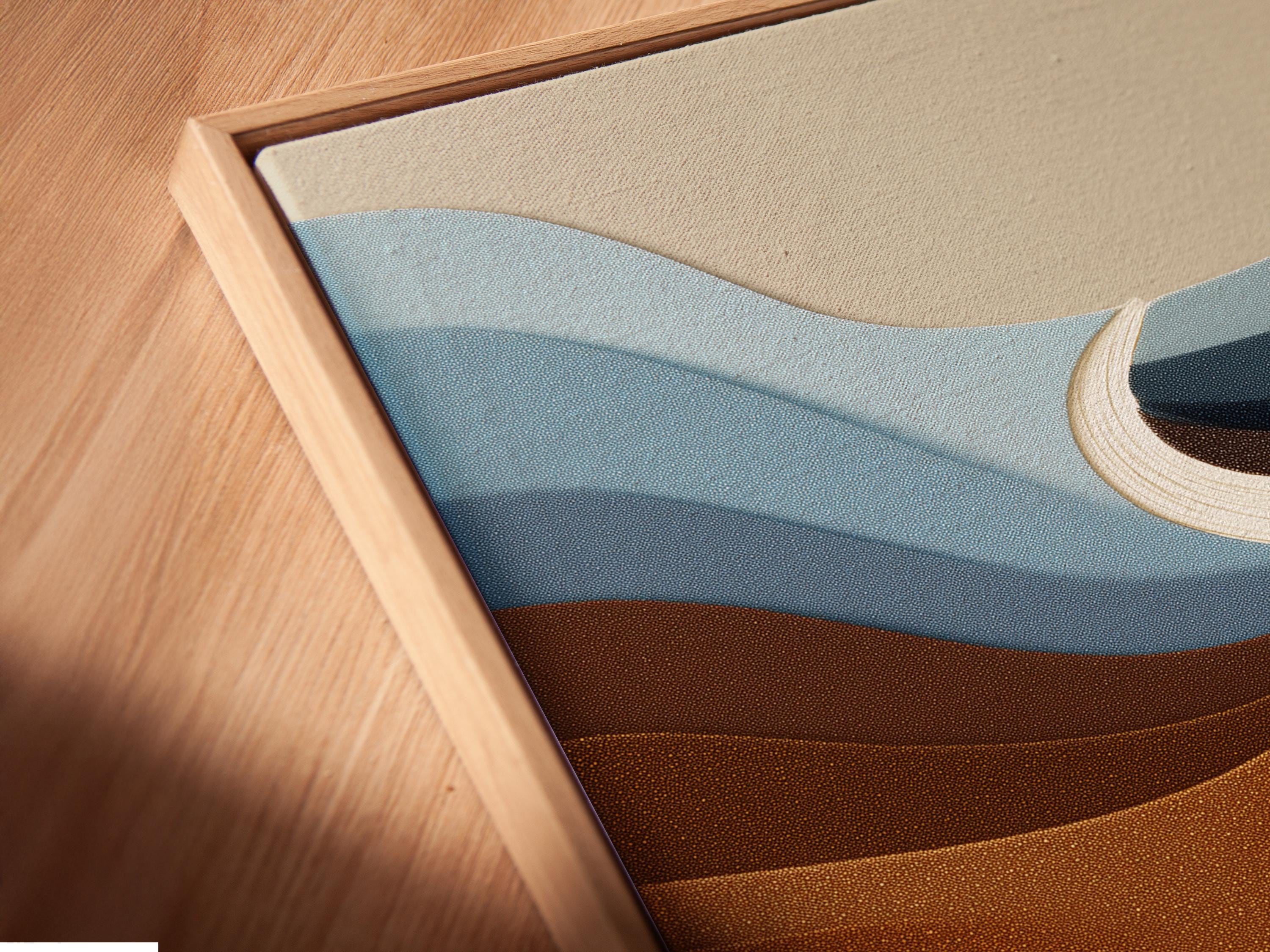 Abstract river-like flow with cream ribbon, blue-grey bands and warm brown terracotta curves detail view
