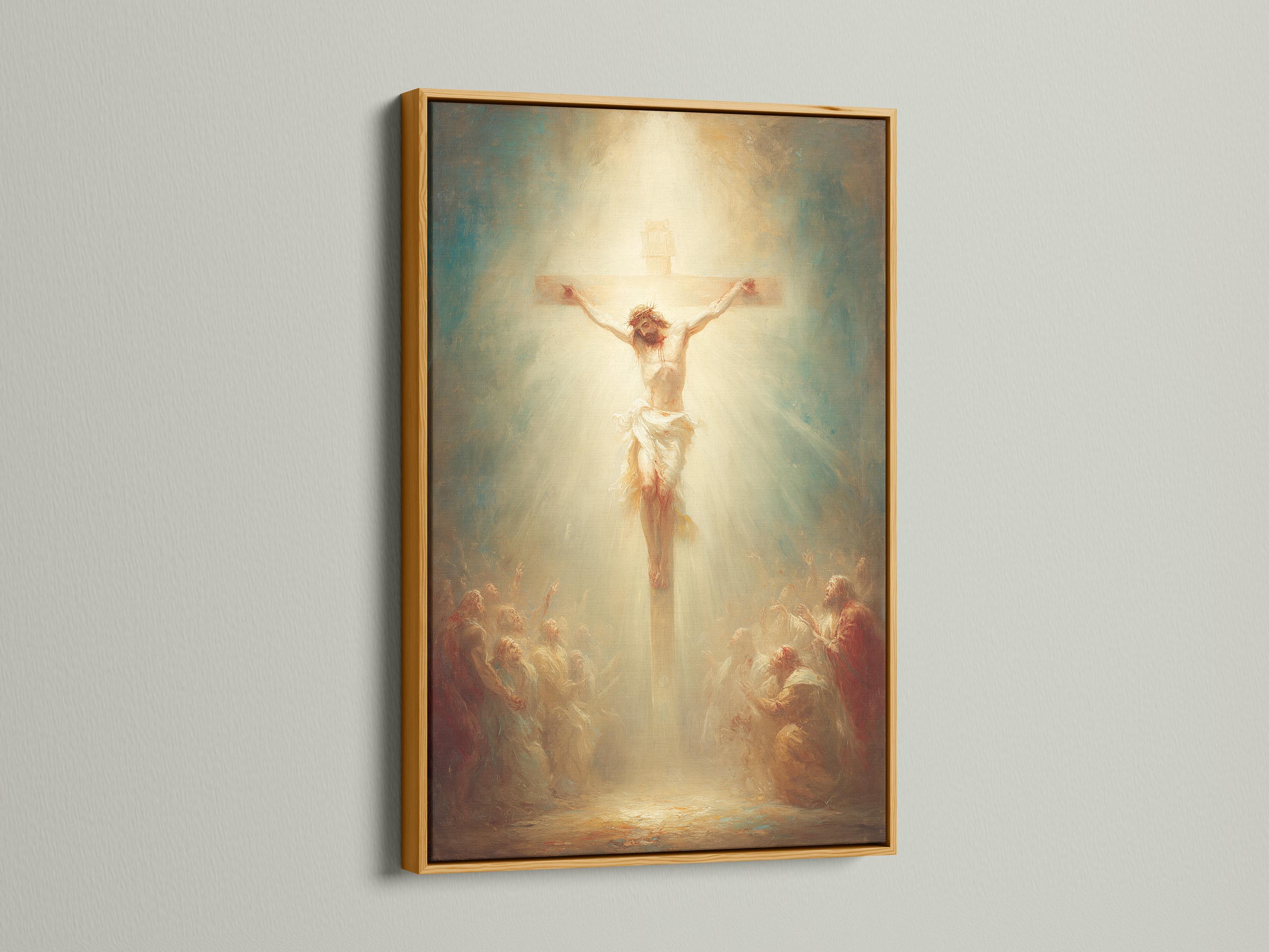 Crucifixion scene with a central figure on a cross and a glowing cream background detail view