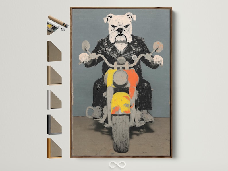 Stylised bulldog riding a motorcycle with orange and yellow accents against a blue-grey background