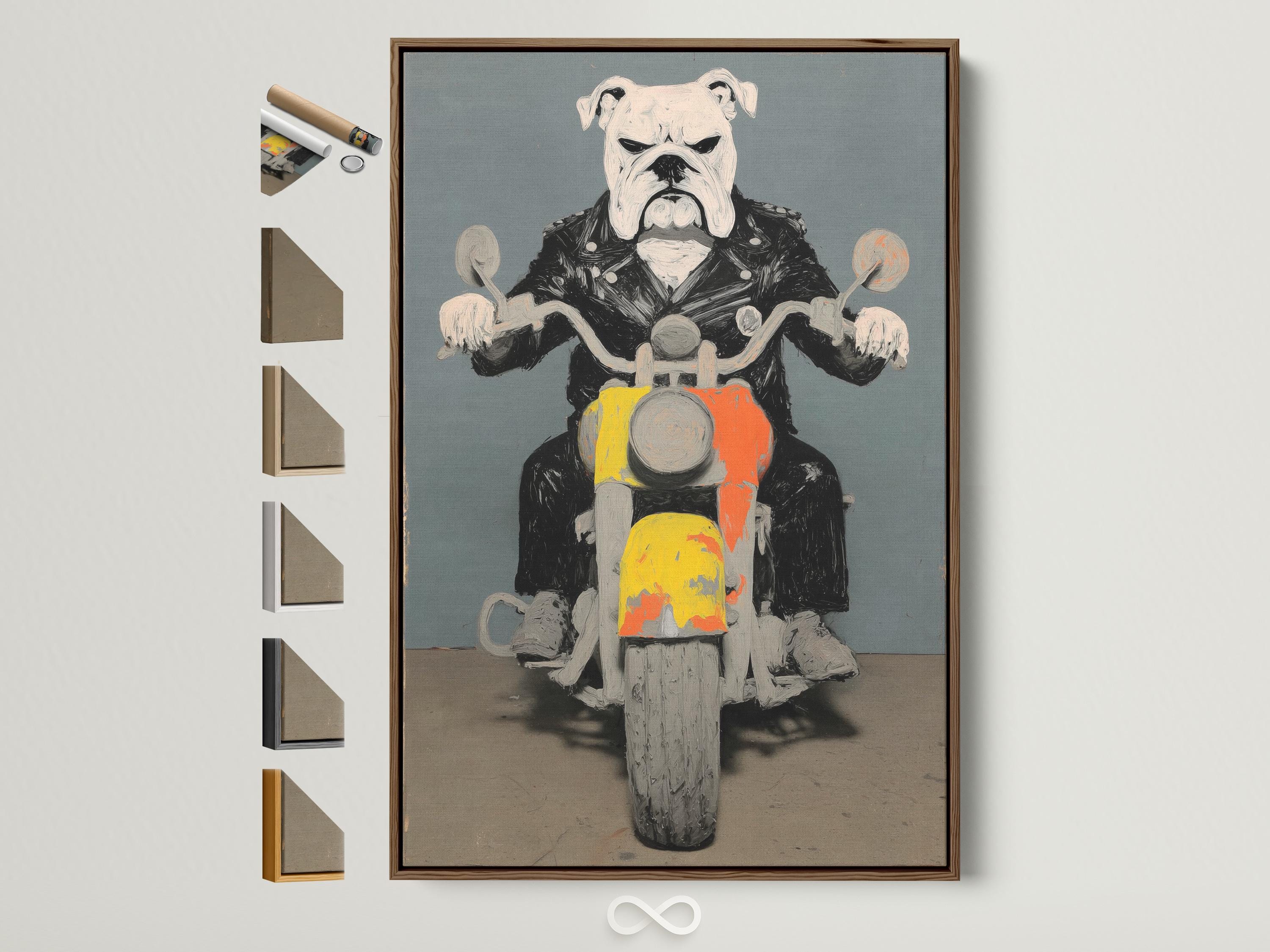 Stylised bulldog riding a motorcycle with orange and yellow accents against a blue-grey background