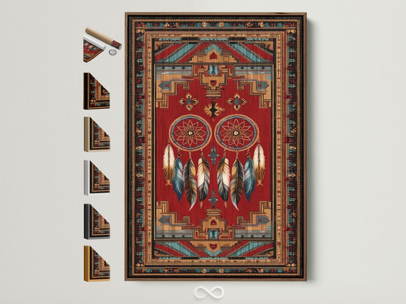 Dreamcatcher wall art with red background, teal circular webs, hanging feathers and geometric border