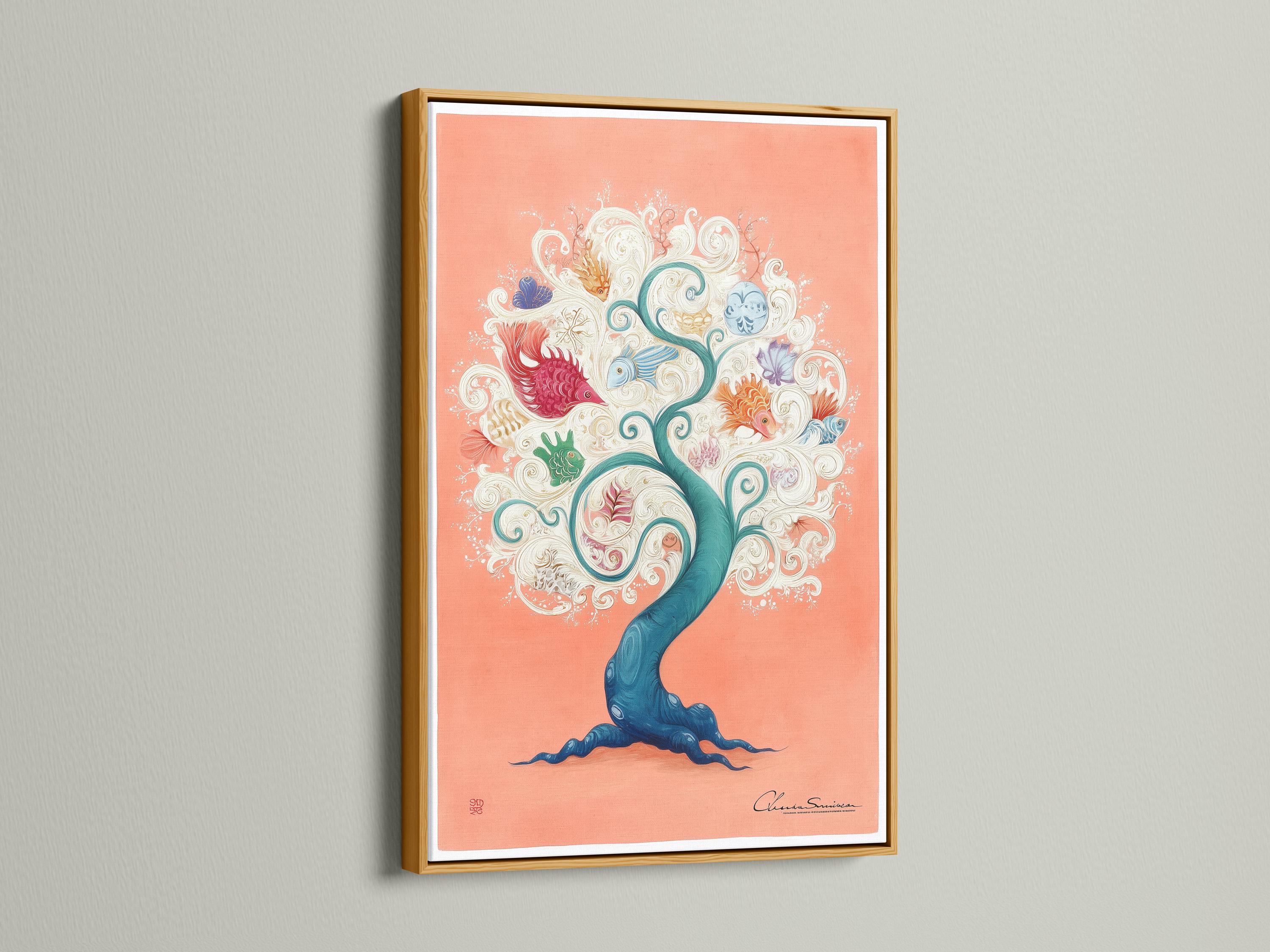 Peach fantasy coral tree with teal ocean waves and illustrated fish, shells and swirls detail view