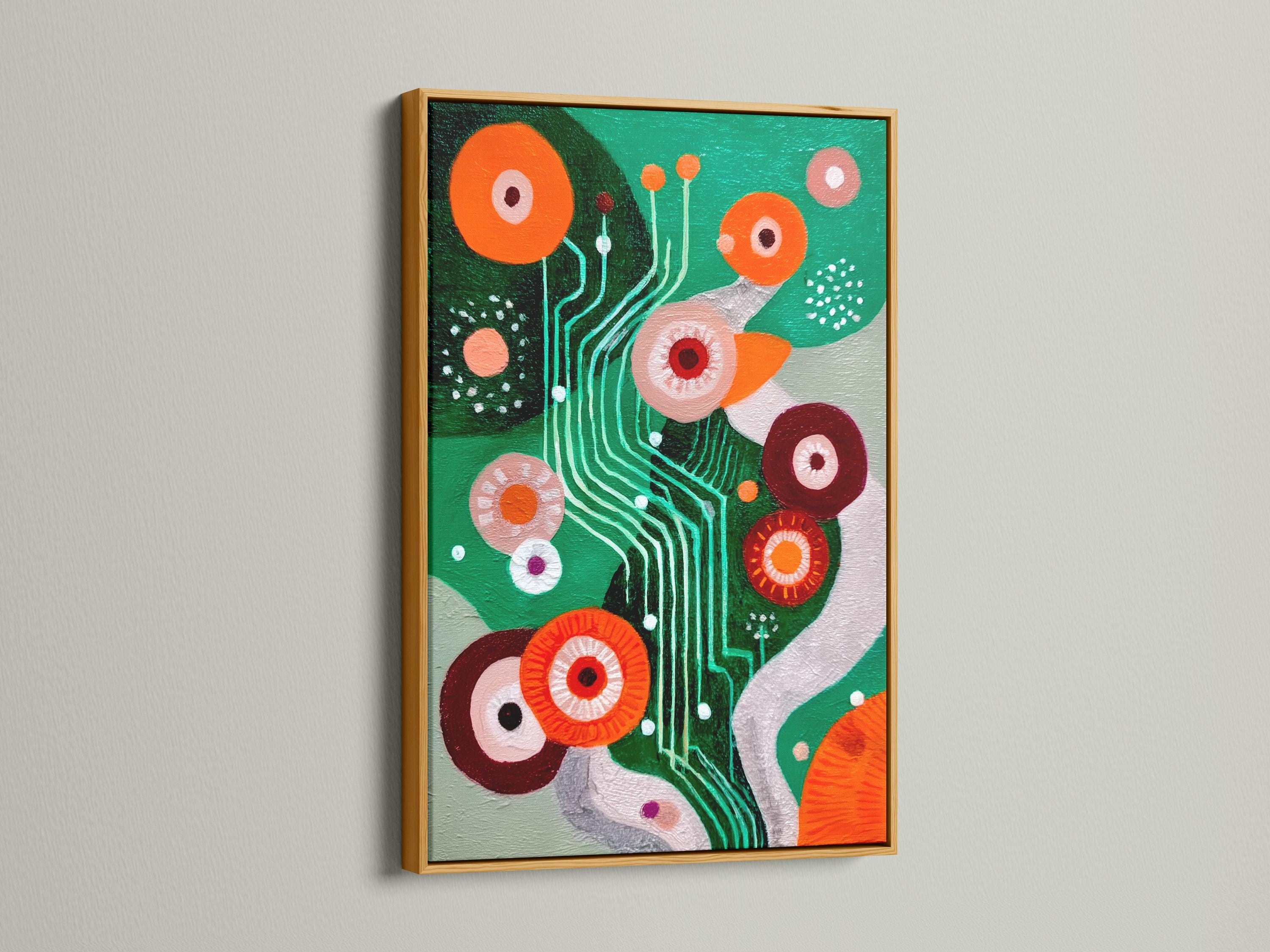 Green abstract artwork with orange and maroon circles, teal curved lines and dotted accents detail view