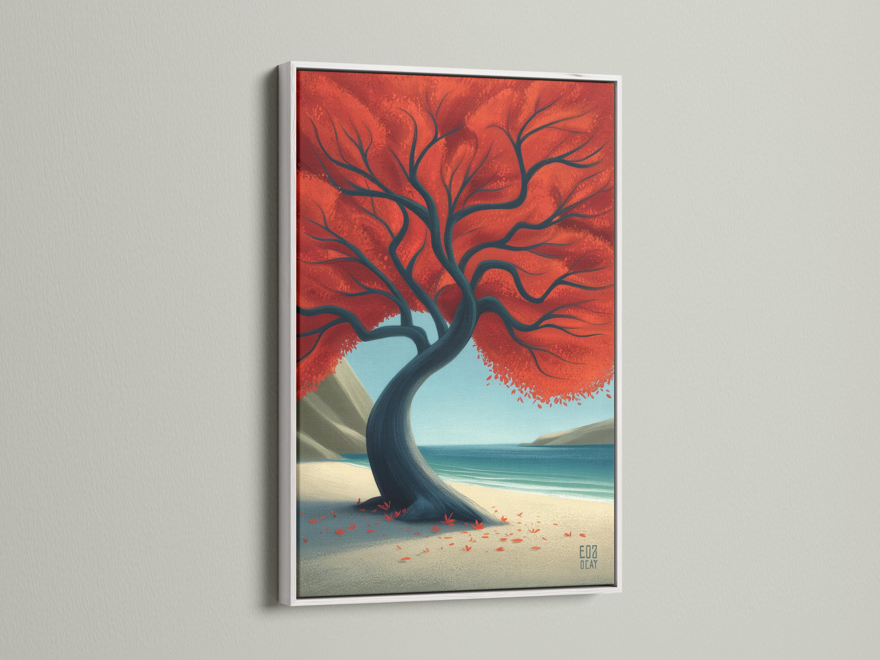 Stylised tree with a red canopy over a sandy beach with a blue ocean detail view
