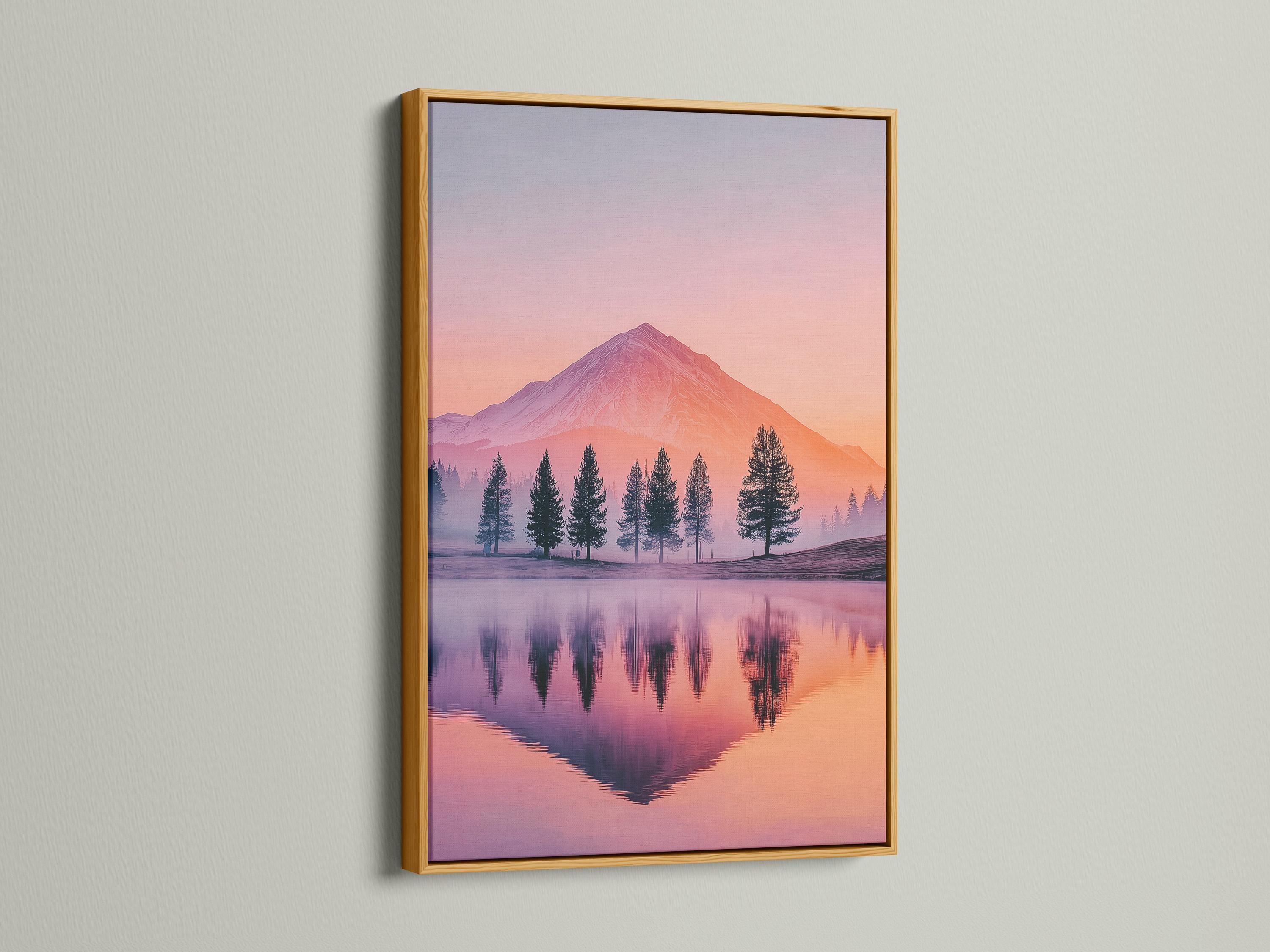 A pastel mountain landscape at sunset shows a pink-orange sky, a prominent mountain, silhouetted evergreen trees, and a calm mirrored lake reflection